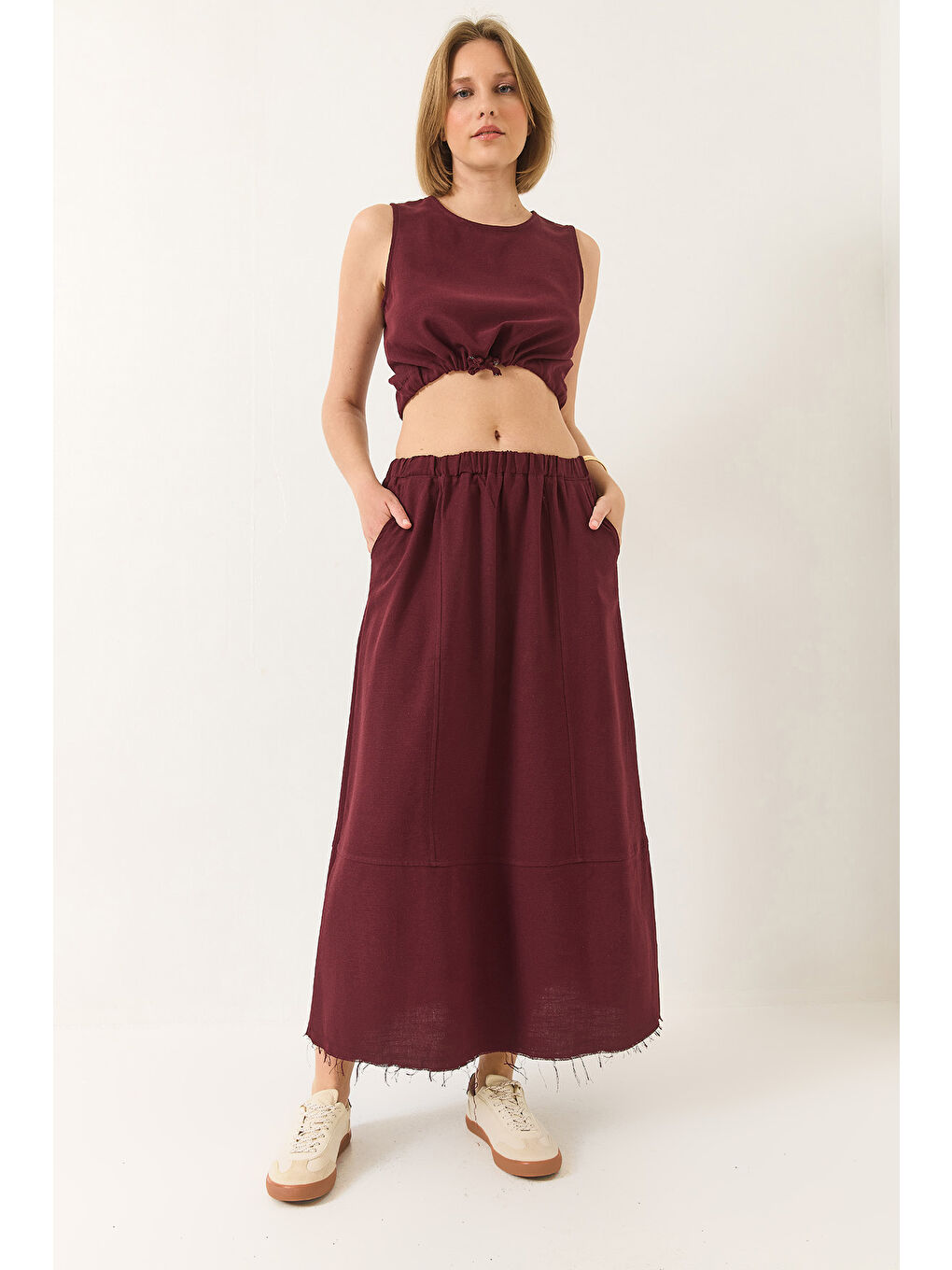 Bordo Kadın Keten Beli Bağlamalı Bluz Cep Detaylı Etek Alt-Üst Takım-3