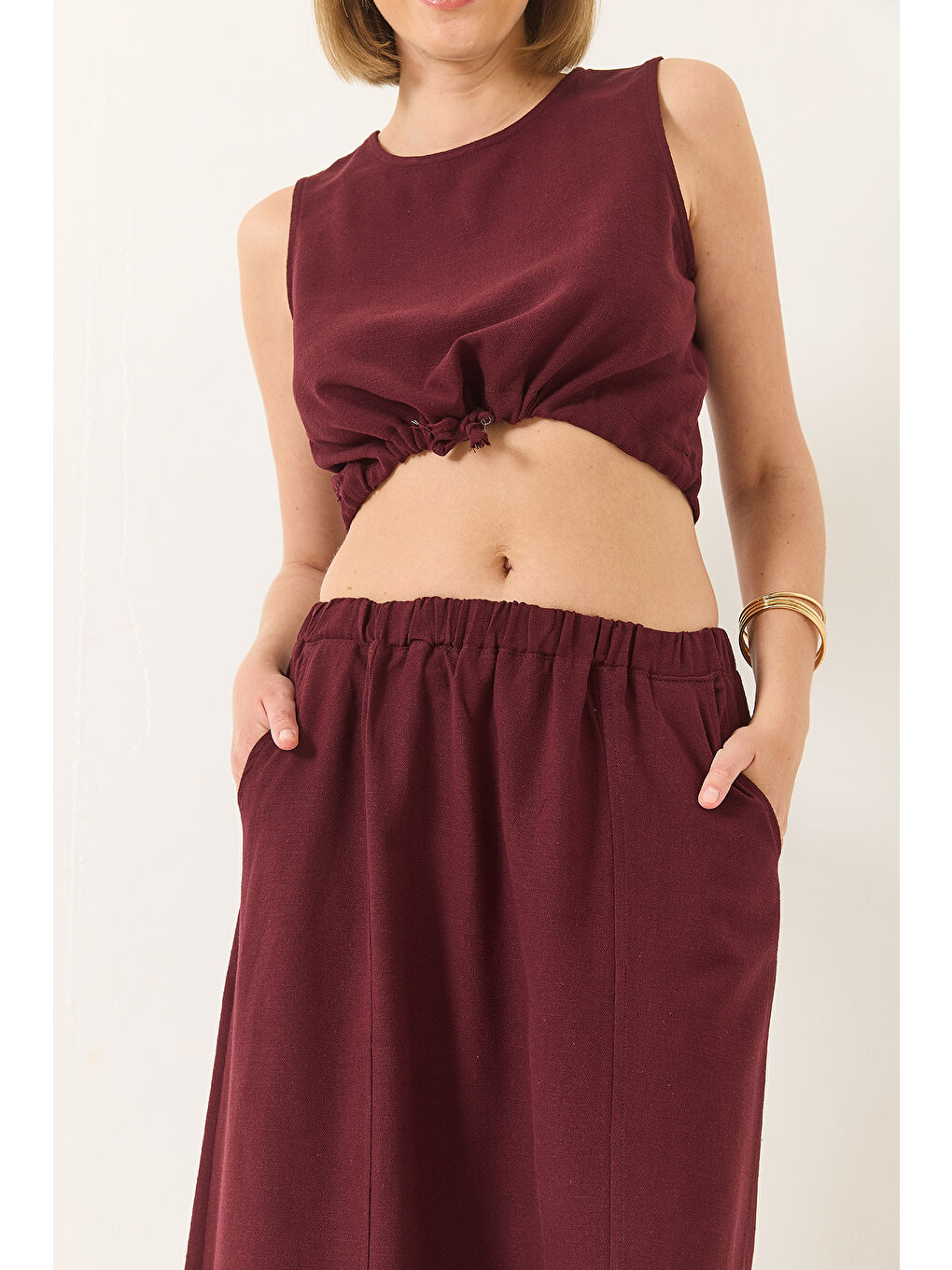 Bordo Kadın Keten Beli Bağlamalı Bluz Cep Detaylı Etek Alt-Üst Takım-4