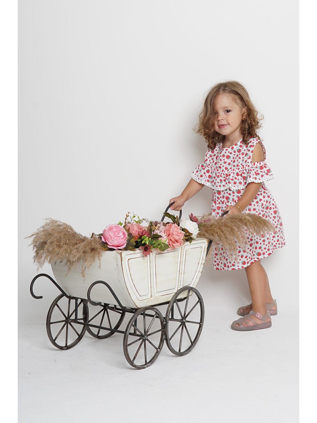 Kırmızı Meyve Baskılı Pamuklu Terikoton Kol Fisto Detay Kız Çocuk Yazlık Elbise MNK0406-9