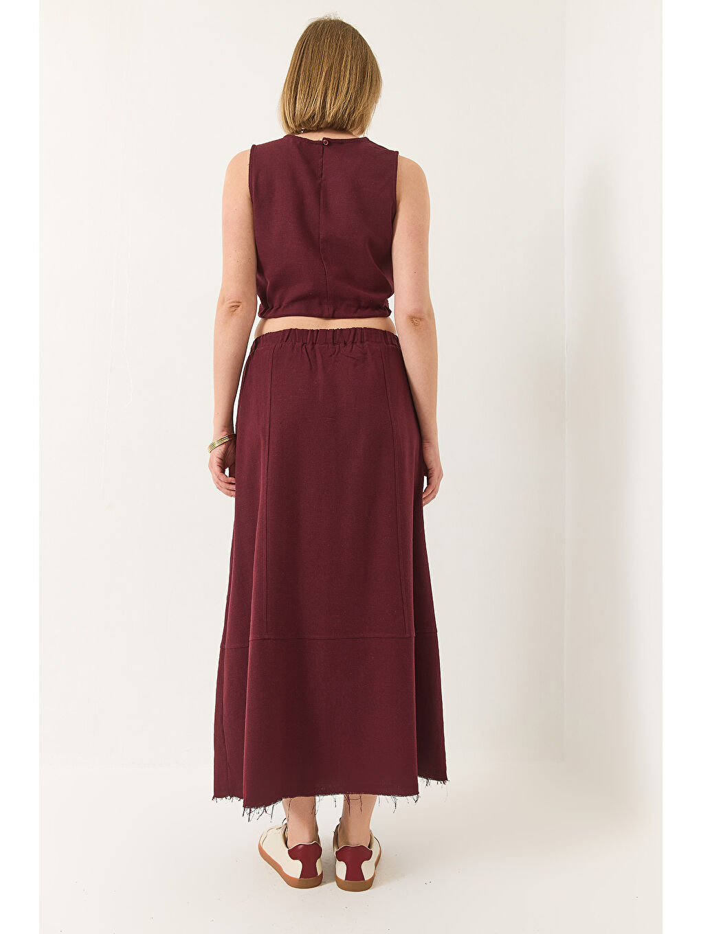 Bordo Kadın Keten Beli Bağlamalı Bluz Cep Detaylı Etek Alt-Üst Takım-5