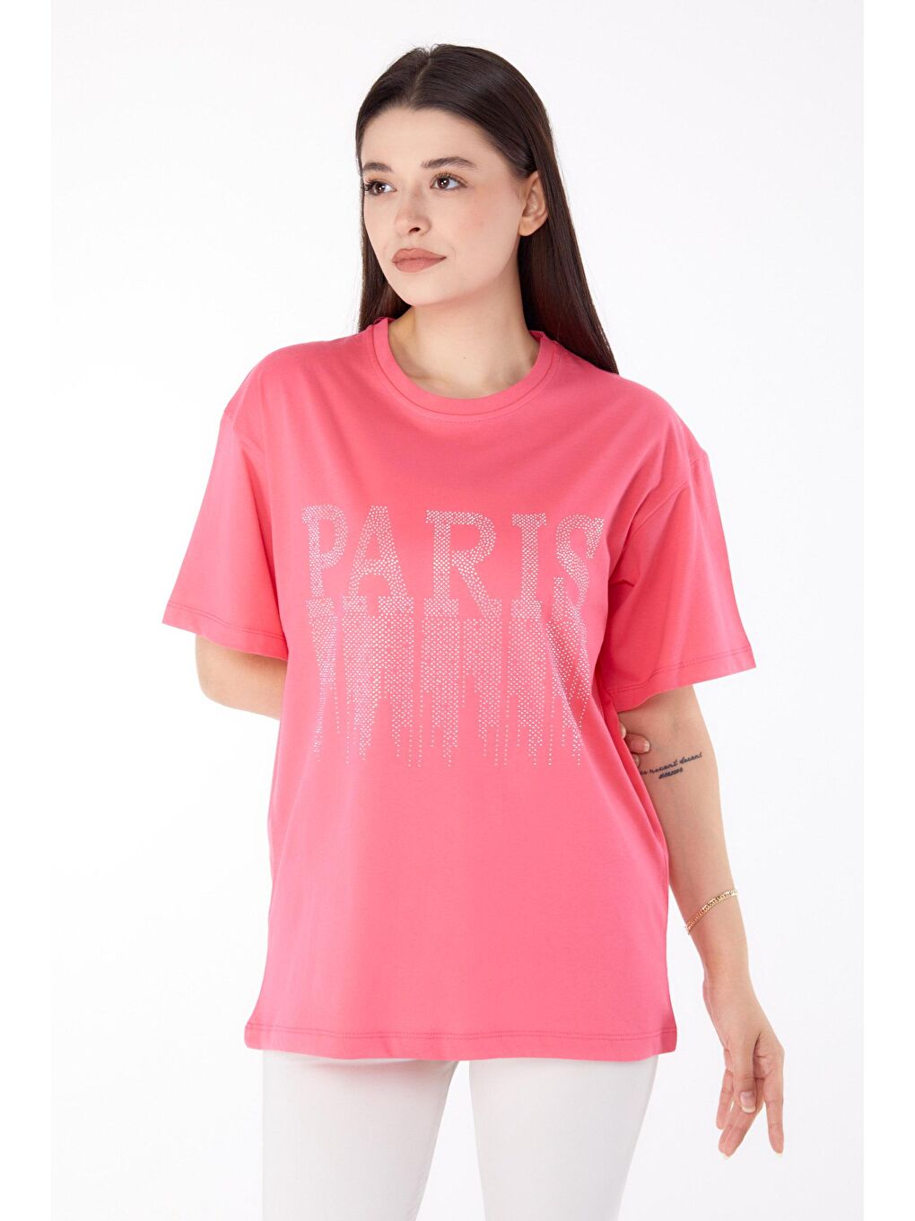 TOFİSA Pembe Düz Bisiklet Yaka Kadın Pembe Taşlı T-shirt - 25698