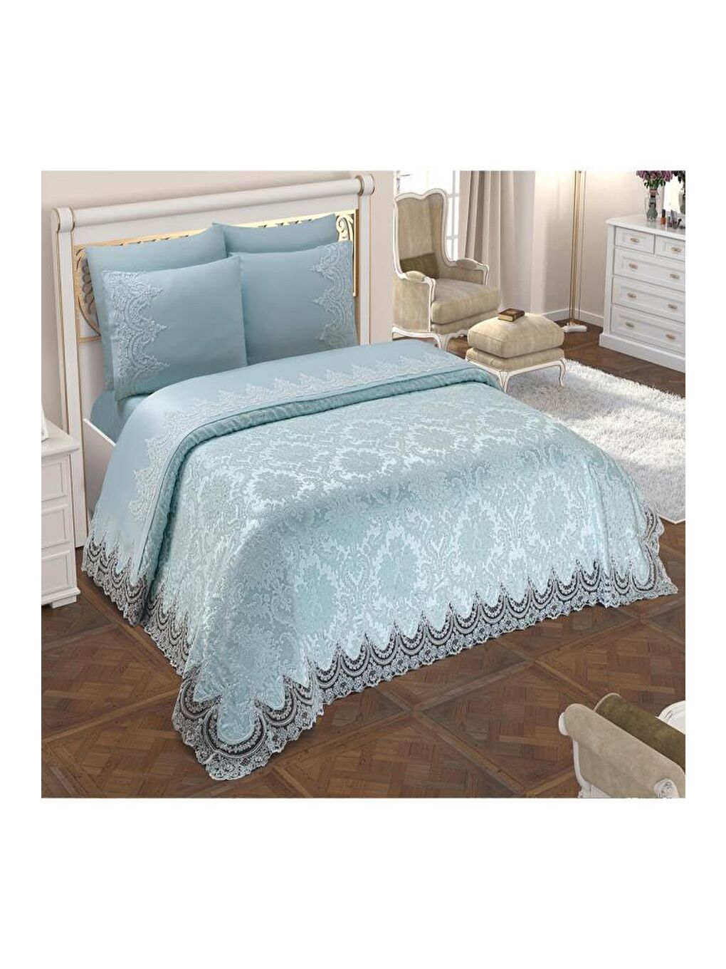 Fransız Güpürlü Çeyizlik Pike Takımı Queen Su Yeşili-1