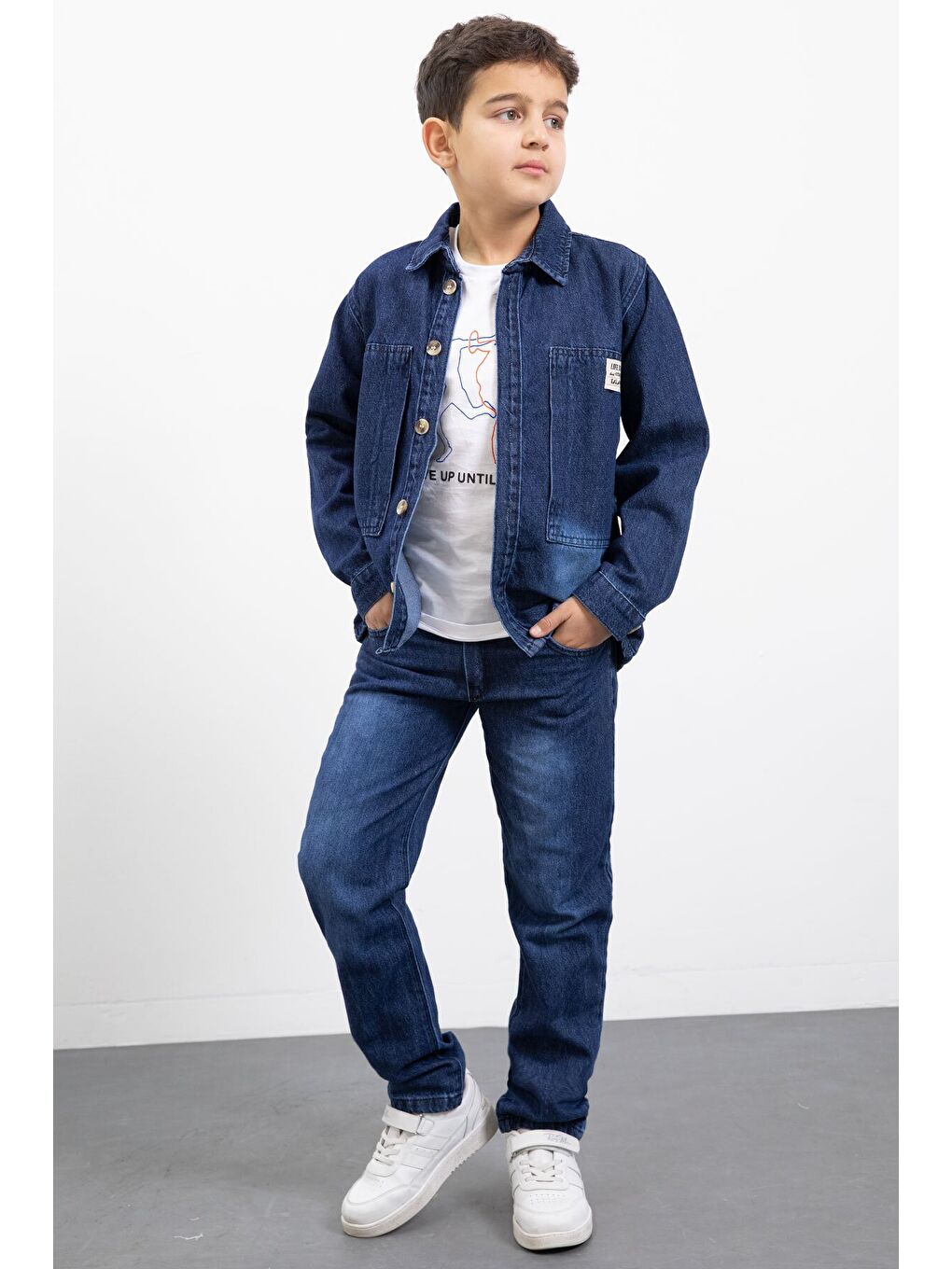 Lacivert Armalı Jean Gömlekli Erkek Çocuk Pantolonlu 3lü Jean Takım 23470