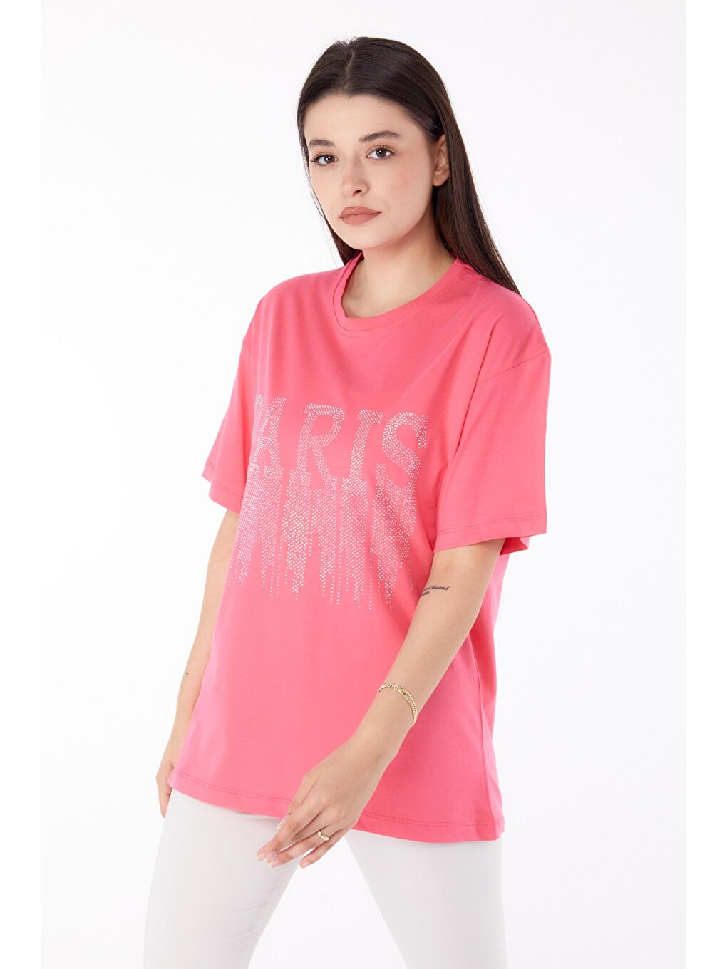 TOFİSA Pembe Düz Bisiklet Yaka Kadın Pembe Taşlı T-shirt - 25698 - 1