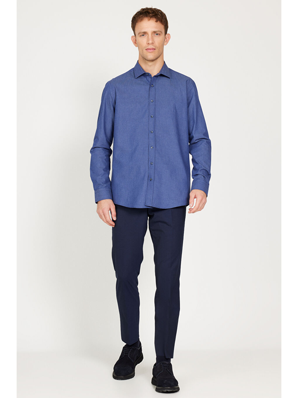 Erkek Lacivert-Mavi Slim Fit Dar Kesim Klasik Yaka %100 Pamuk Armürlü Gömlek-1