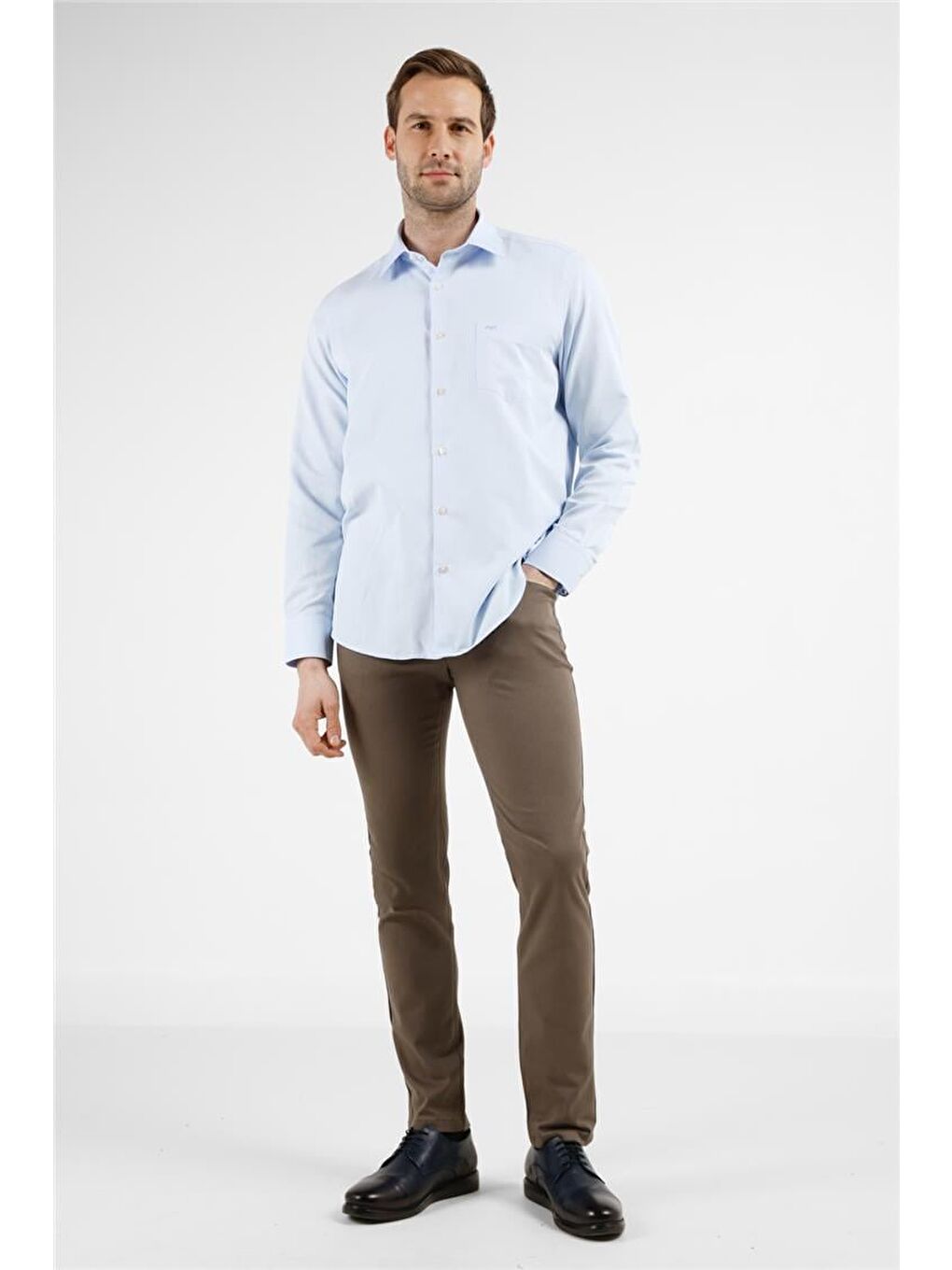 Koyu Mavi Çizgili Desen Sert Yaka Uzun Kol Cepli Comfort Fit Pamuklu Gömlek 1004255268-1