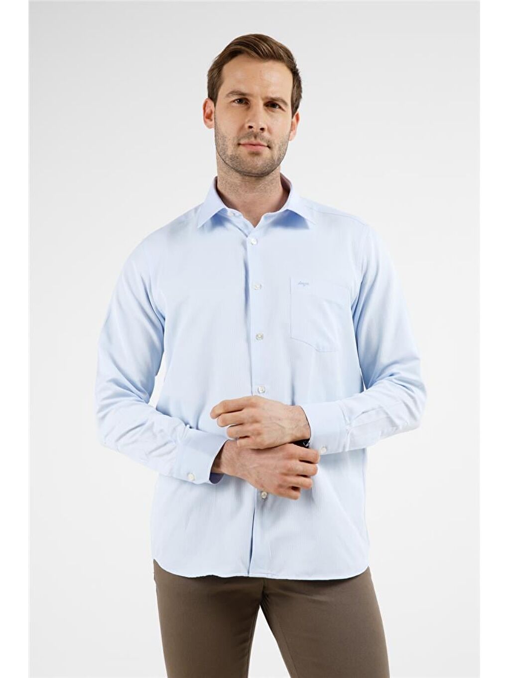 Koyu Mavi Çizgili Desen Sert Yaka Uzun Kol Cepli Comfort Fit Pamuklu Gömlek 1004255268-2