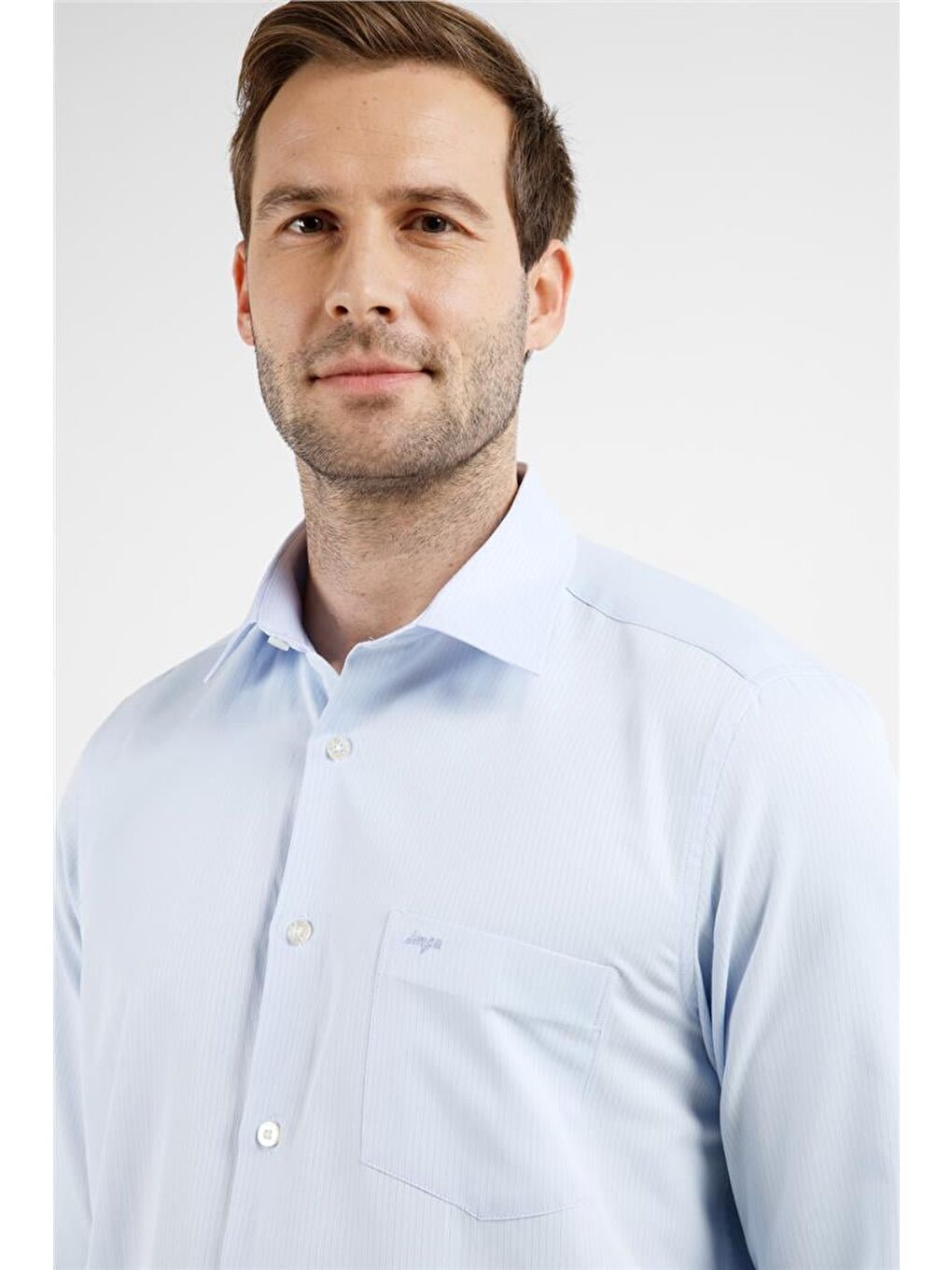 Koyu Mavi Çizgili Desen Sert Yaka Uzun Kol Cepli Comfort Fit Pamuklu Gömlek 1004255268-3