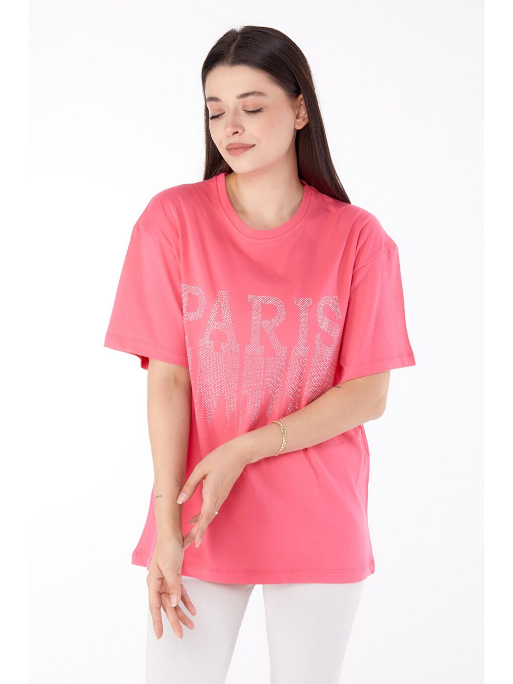 TOFİSA Pembe Düz Bisiklet Yaka Kadın Pembe Taşlı T-shirt - 25698 - 2