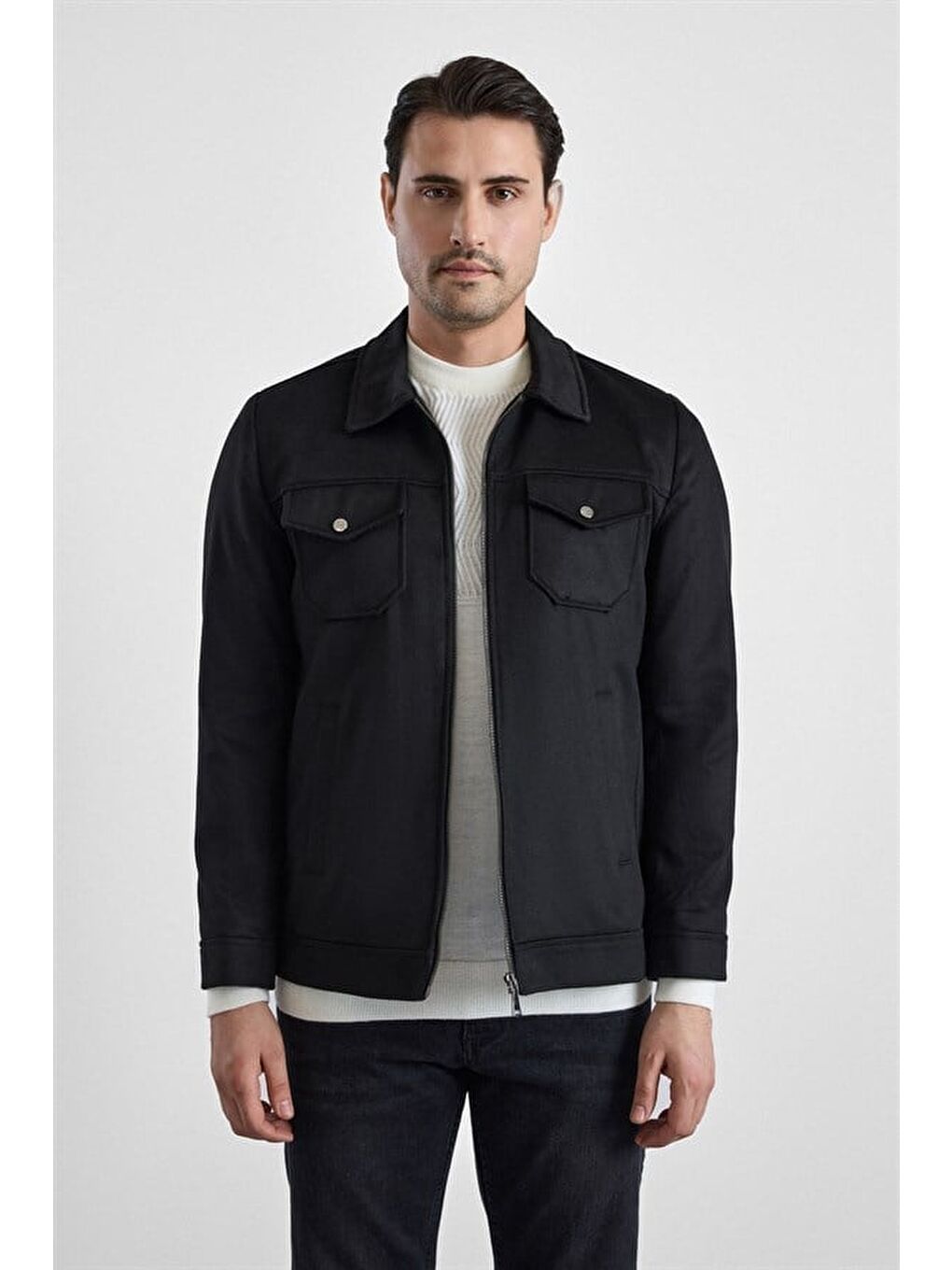 Siyah Slim Bebe Yaka Düz Mont Ceket-1