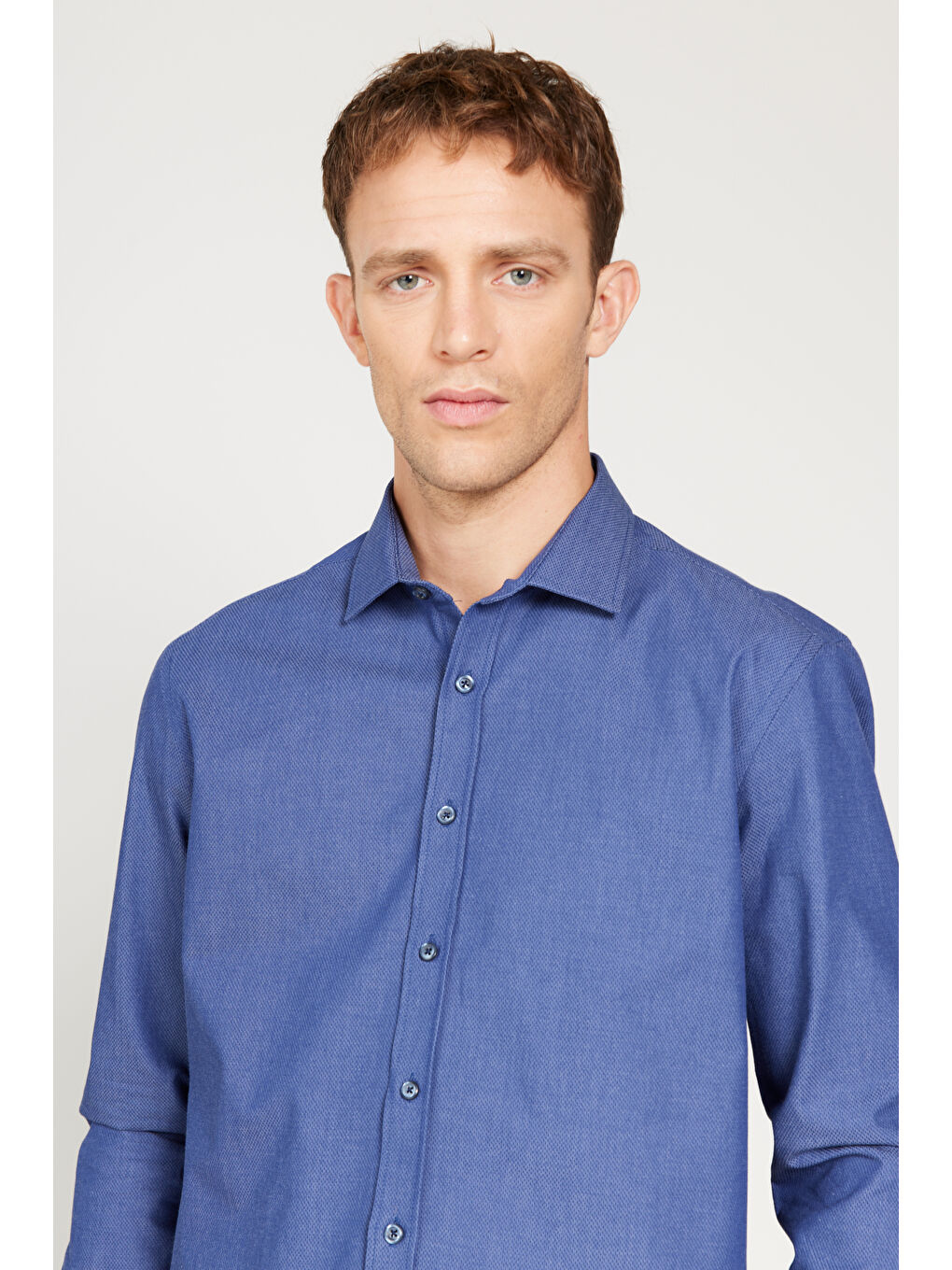Erkek Lacivert-Mavi Slim Fit Dar Kesim Klasik Yaka %100 Pamuk Armürlü Gömlek-4