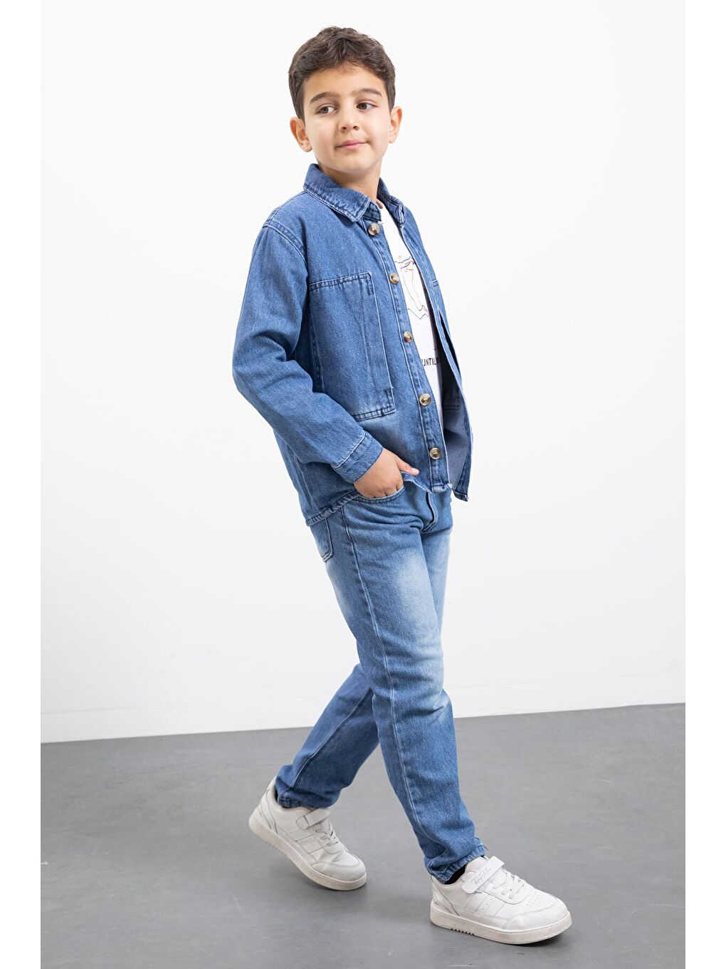 Mavi Armalı Jean Gömlekli Erkek Çocuk Pantolonlu 3lü Jean Takım 23469