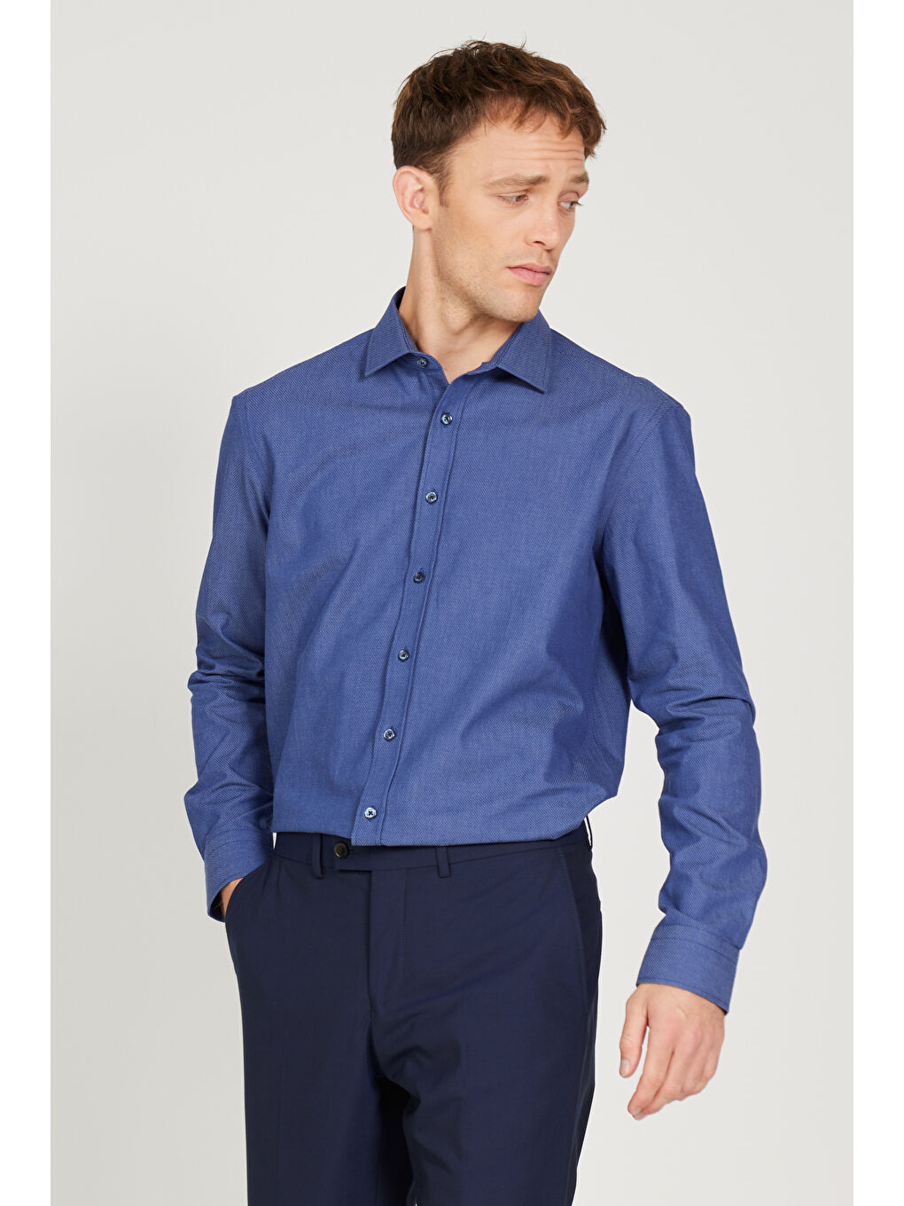 Erkek Lacivert-Mavi Slim Fit Dar Kesim Klasik Yaka %100 Pamuk Armürlü Gömlek-5