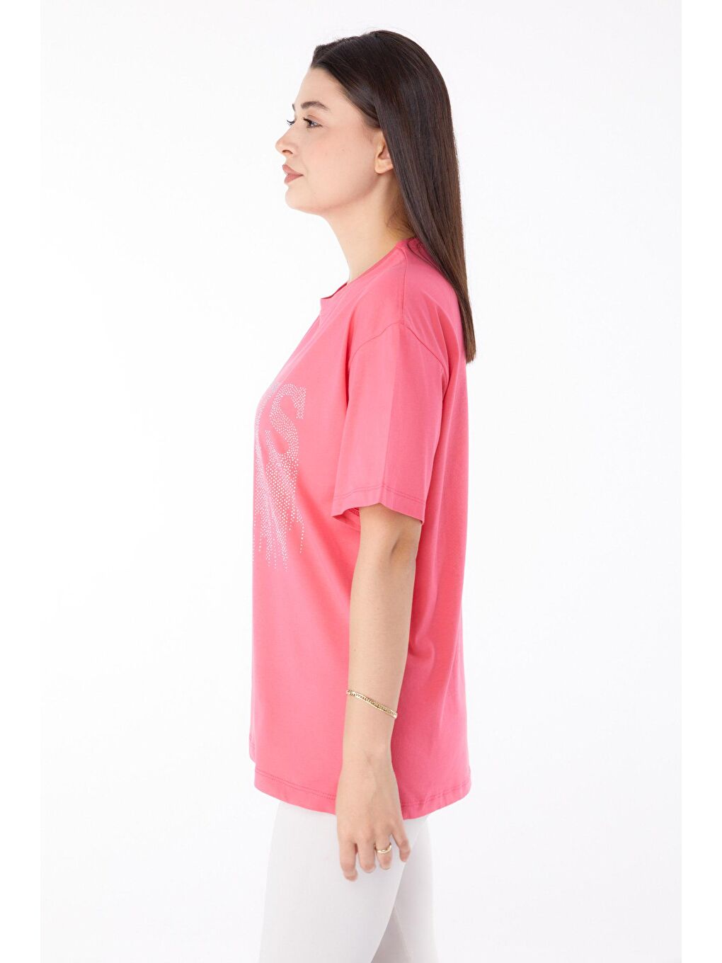 TOFİSA Pembe Düz Bisiklet Yaka Kadın Pembe Taşlı T-shirt - 25698 - 3