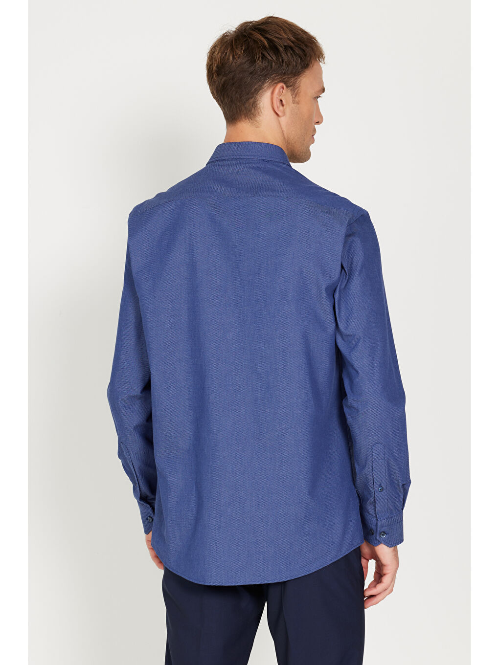 Erkek Lacivert-Mavi Slim Fit Dar Kesim Klasik Yaka %100 Pamuk Armürlü Gömlek-6