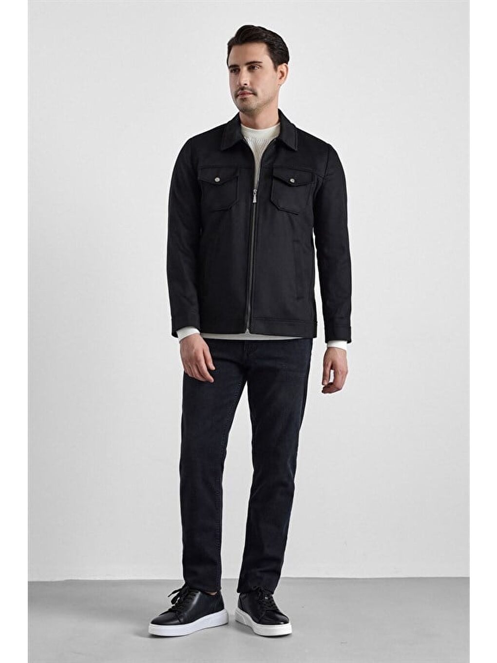 Siyah Slim Bebe Yaka Düz Mont Ceket-4