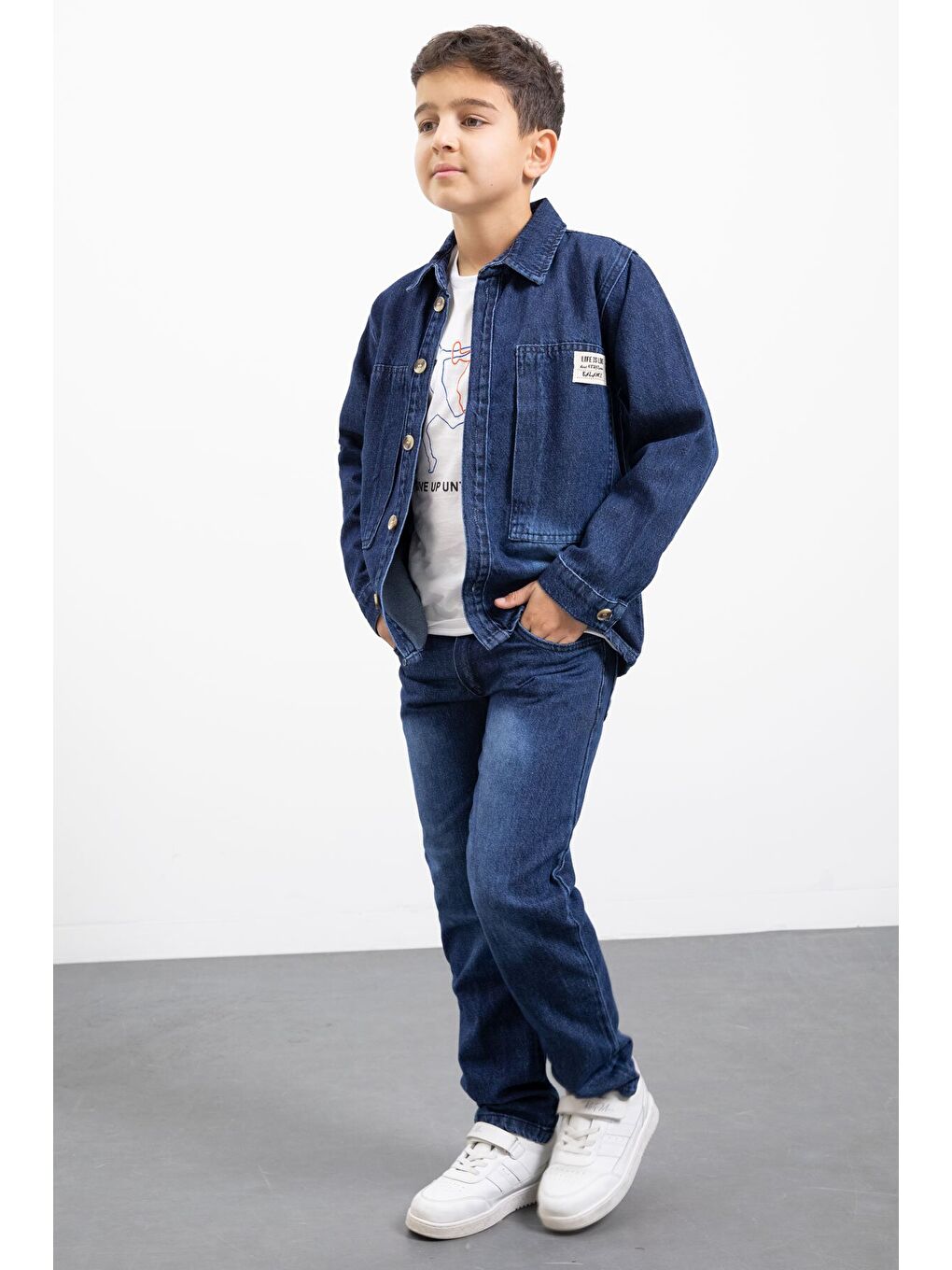 Lacivert Armalı Jean Gömlekli Erkek Çocuk Pantolonlu 3lü Jean Takım 23470-2