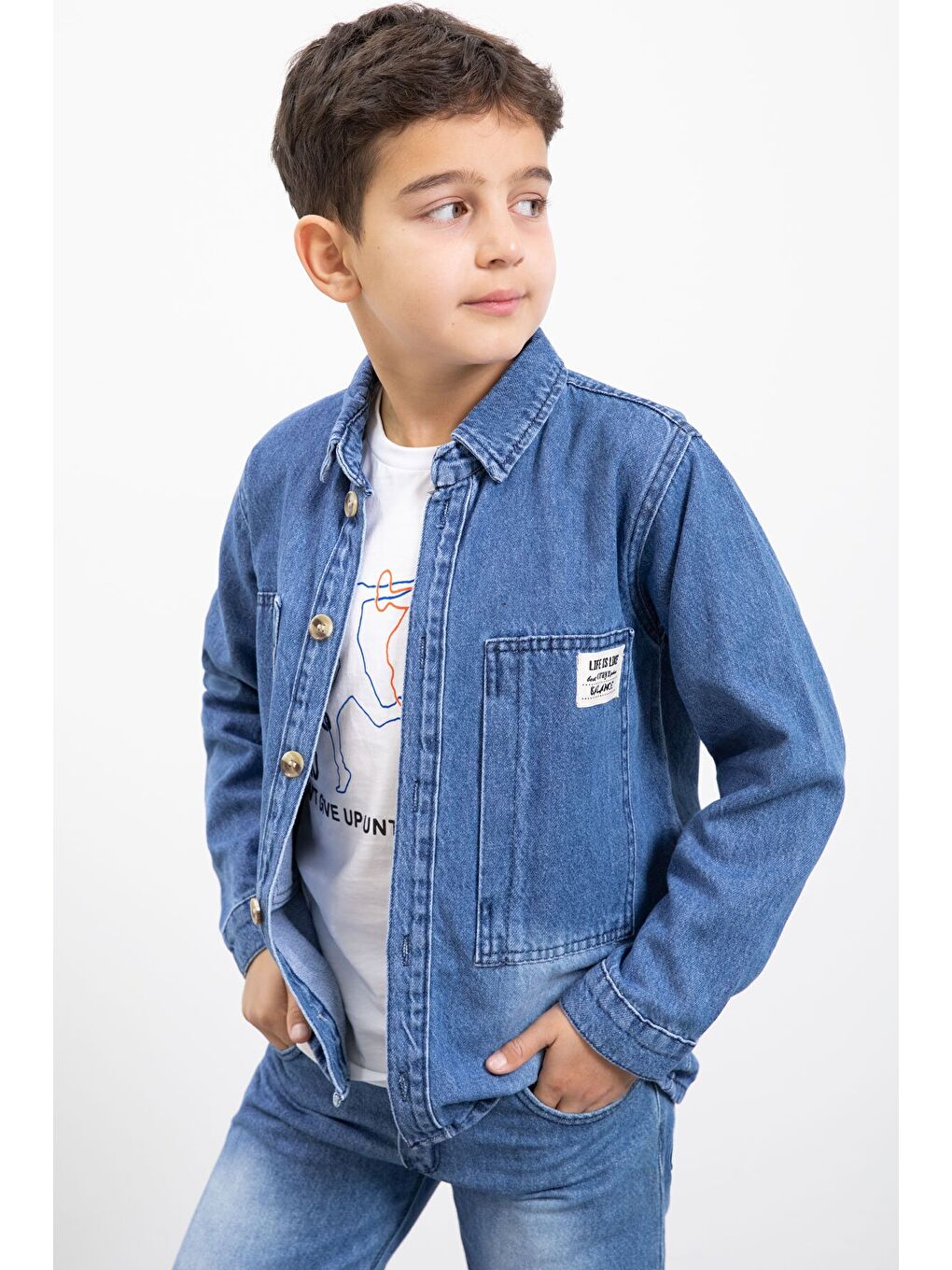 Mavi Armalı Jean Gömlekli Erkek Çocuk Pantolonlu 3lü Jean Takım 23469-1