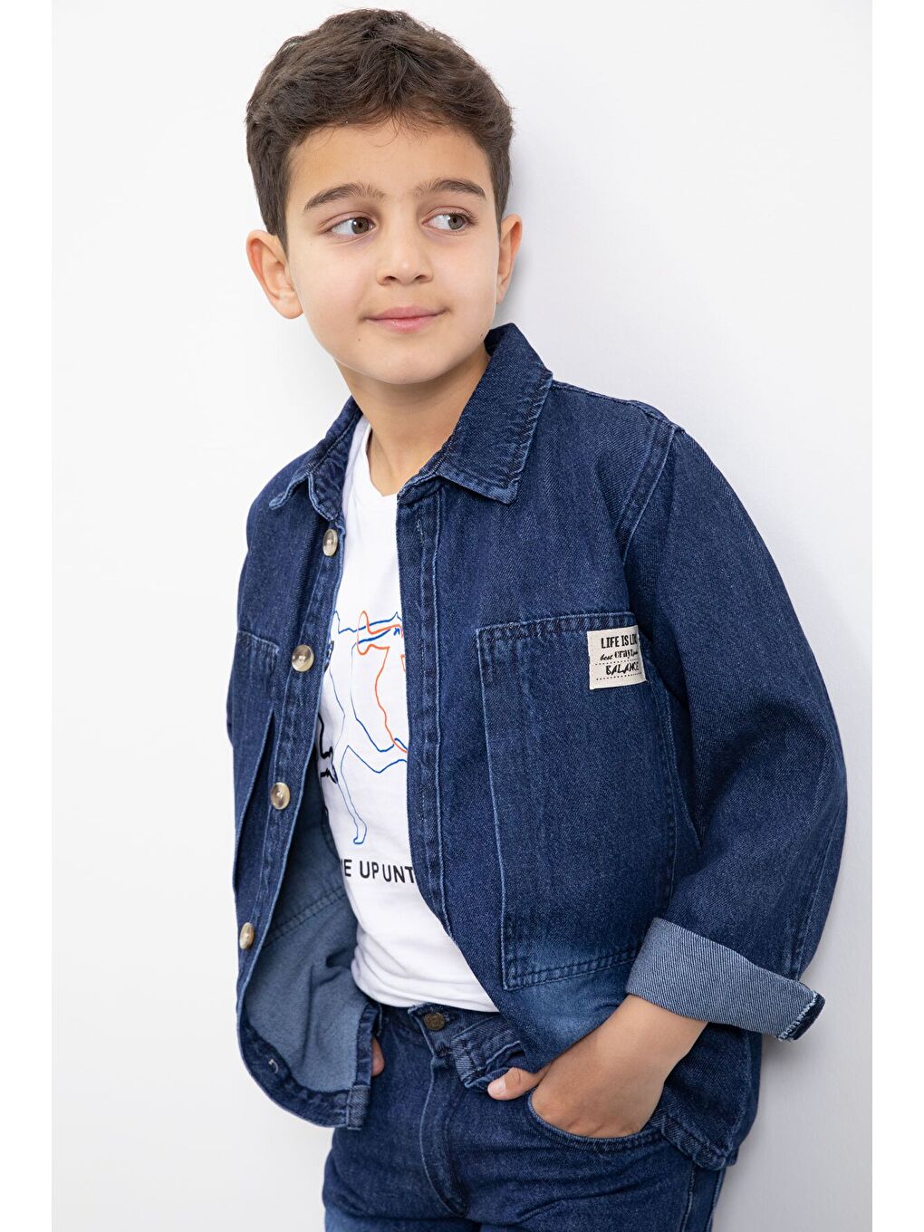 Lacivert Armalı Jean Gömlekli Erkek Çocuk Pantolonlu 3lü Jean Takım 23470-3