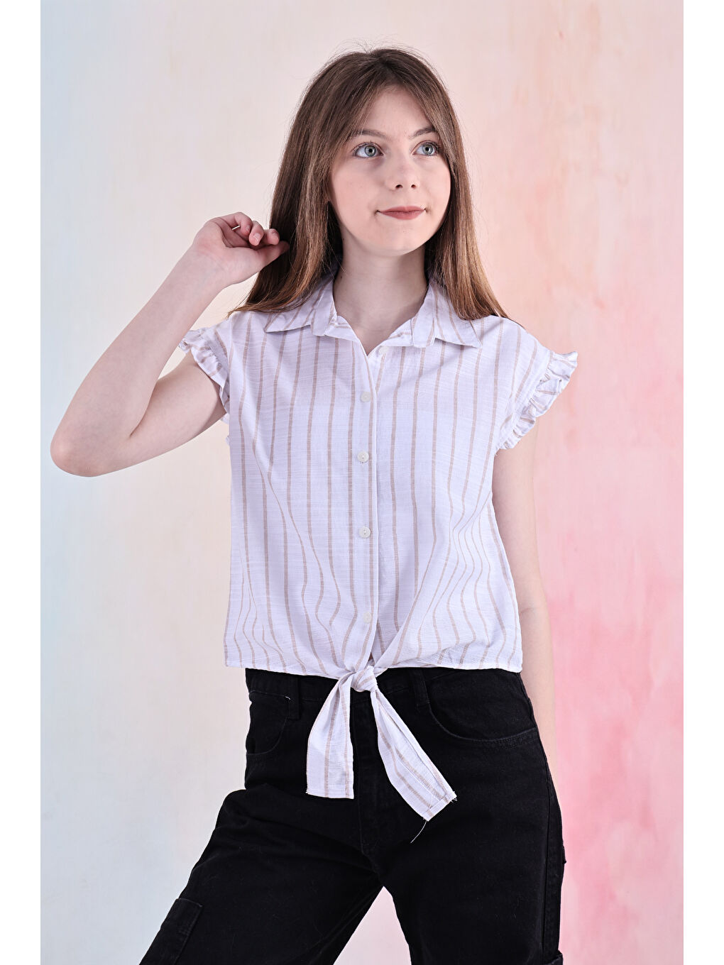 Kahverengi Kız Çocuk Kolları Fırfırlı ve Bel Bağlama Detaylı Crop Gömlek 6-14 Yaş 12252-3