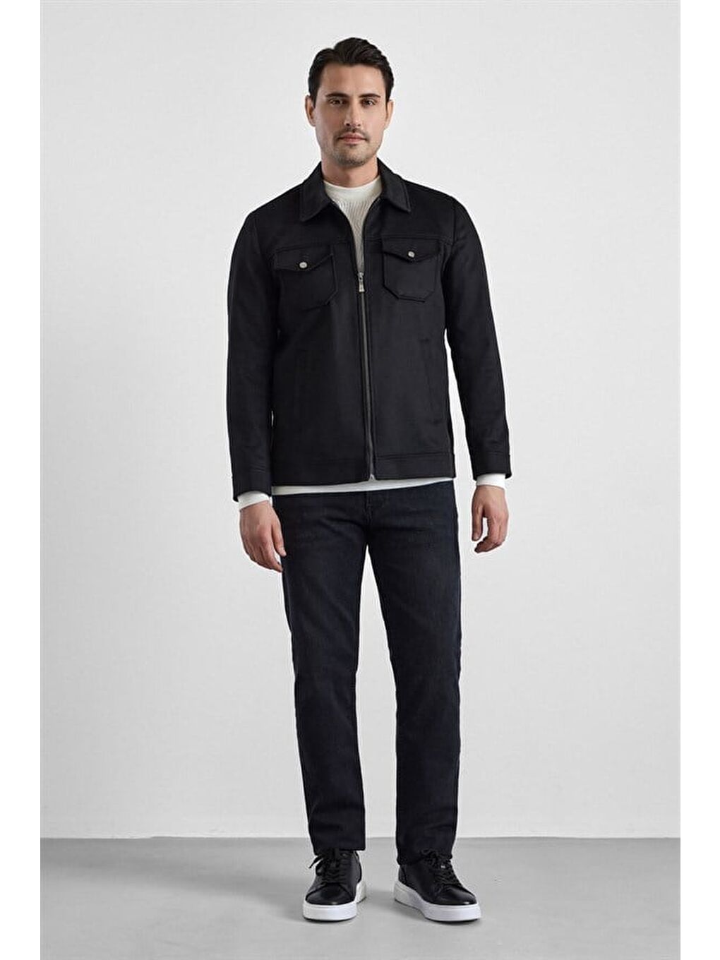 Siyah Slim Bebe Yaka Düz Mont Ceket-6