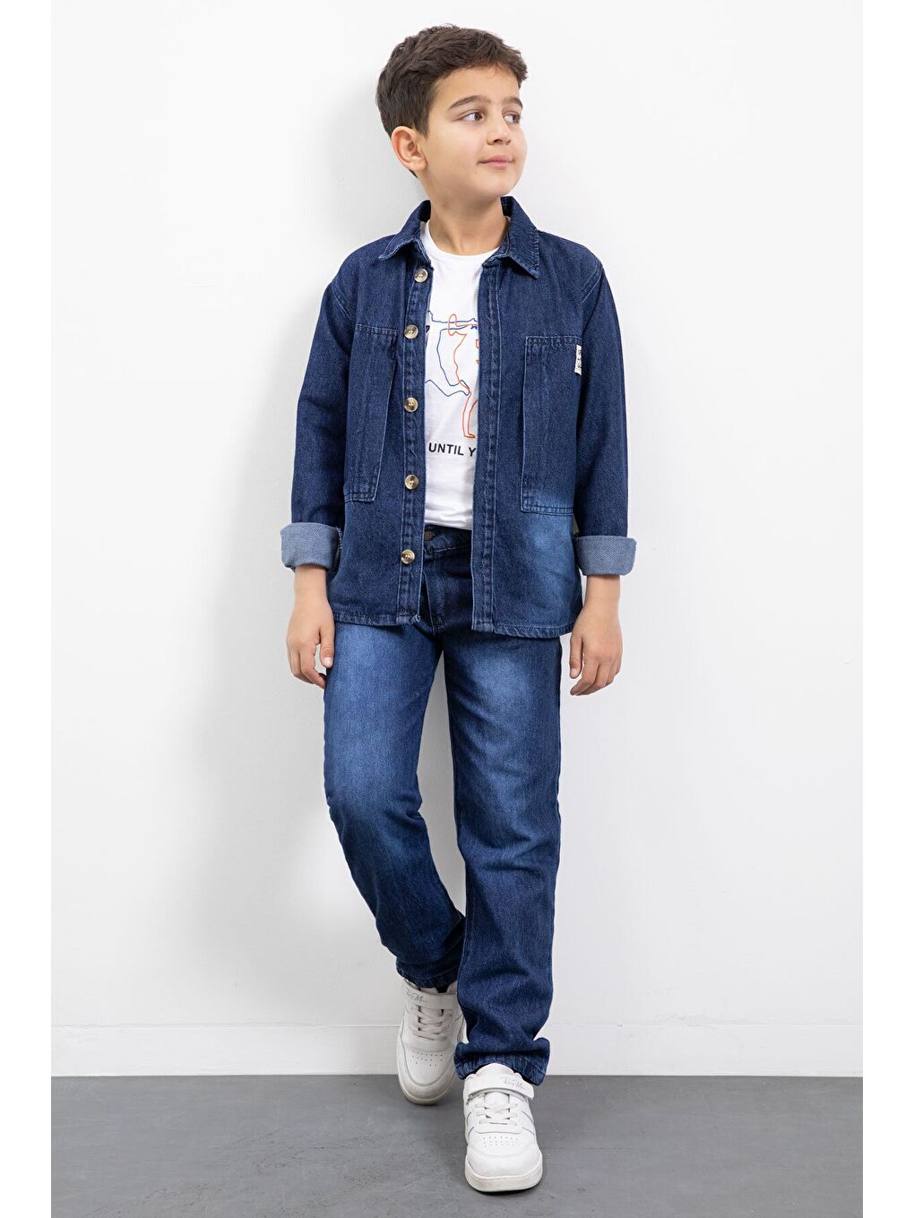 Lacivert Armalı Jean Gömlekli Erkek Çocuk Pantolonlu 3lü Jean Takım 23470-4