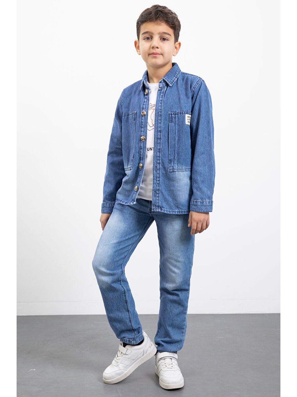 Mavi Armalı Jean Gömlekli Erkek Çocuk Pantolonlu 3lü Jean Takım 23469-2