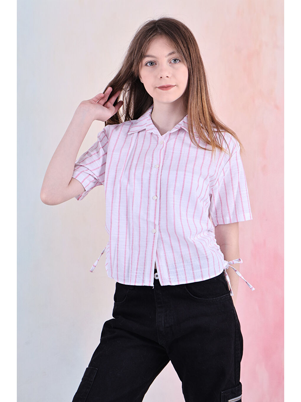 Pembe Kız Çocuk Büzgü Detaylı-Çizgi Desenli Crop Gömlek 6-14 Yaş 12251