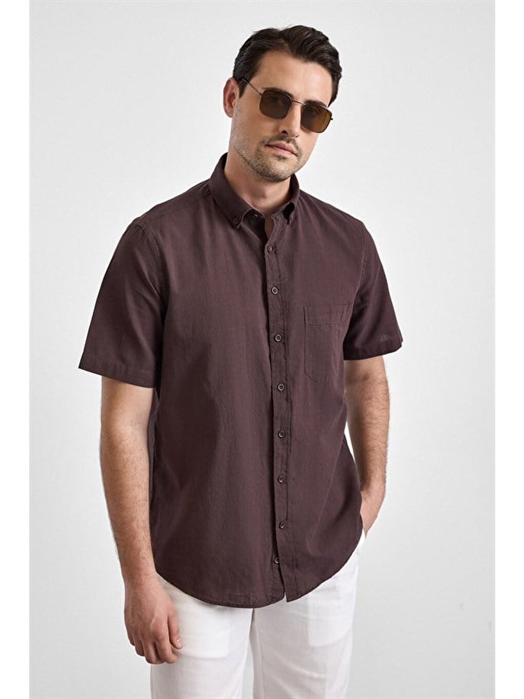 Kahverengi Koyu Kahve Regular Düğmeli Yaka Düz Casual Gömlek