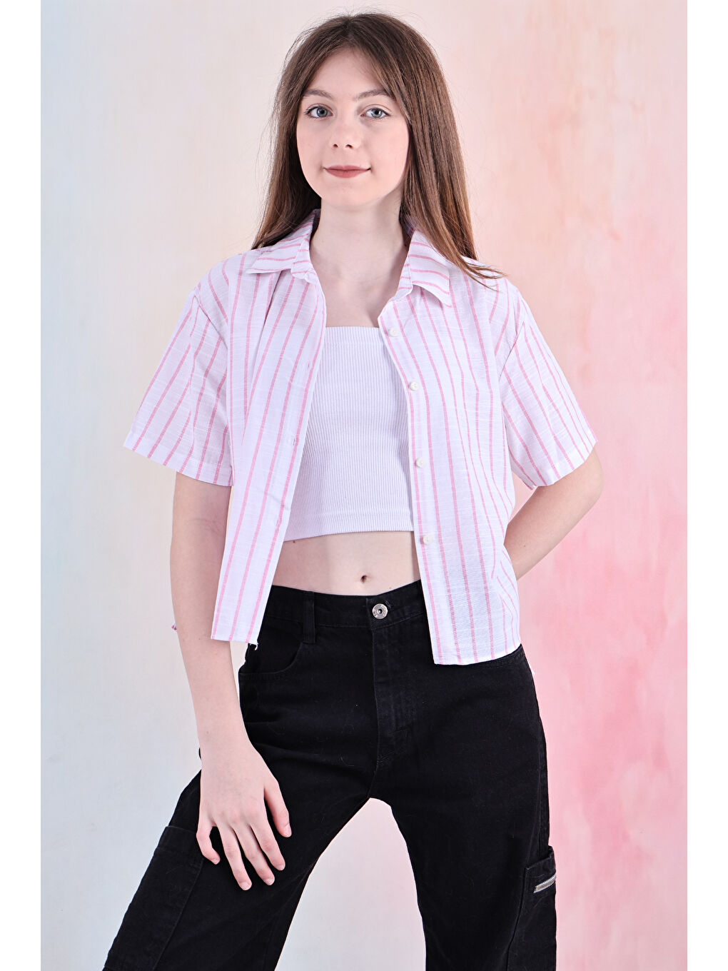 Pembe Kız Çocuk Büzgü Detaylı-Çizgi Desenli Crop Gömlek 6-14 Yaş 12251-1