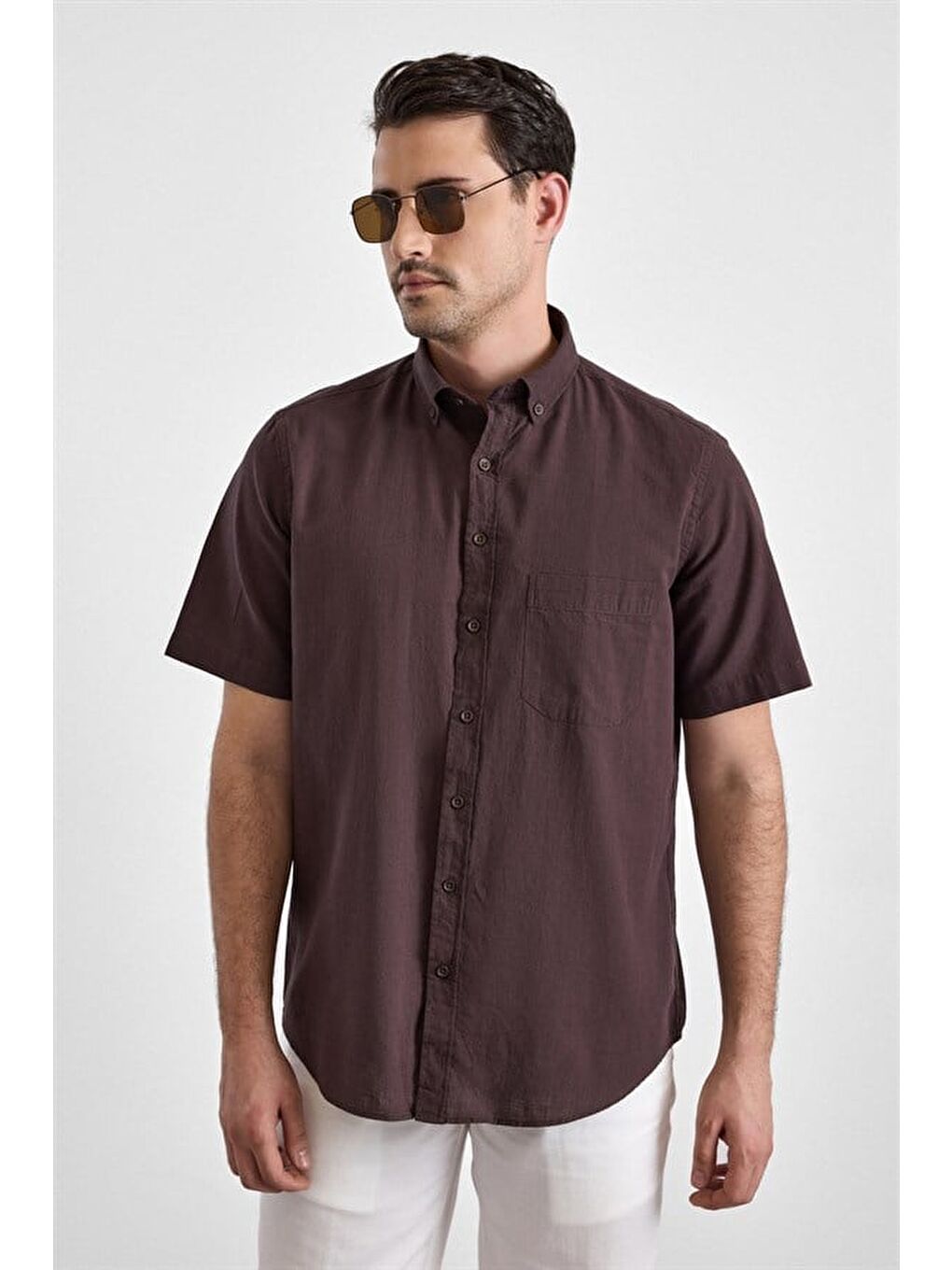 Kahverengi Koyu Kahve Regular Düğmeli Yaka Düz Casual Gömlek-1