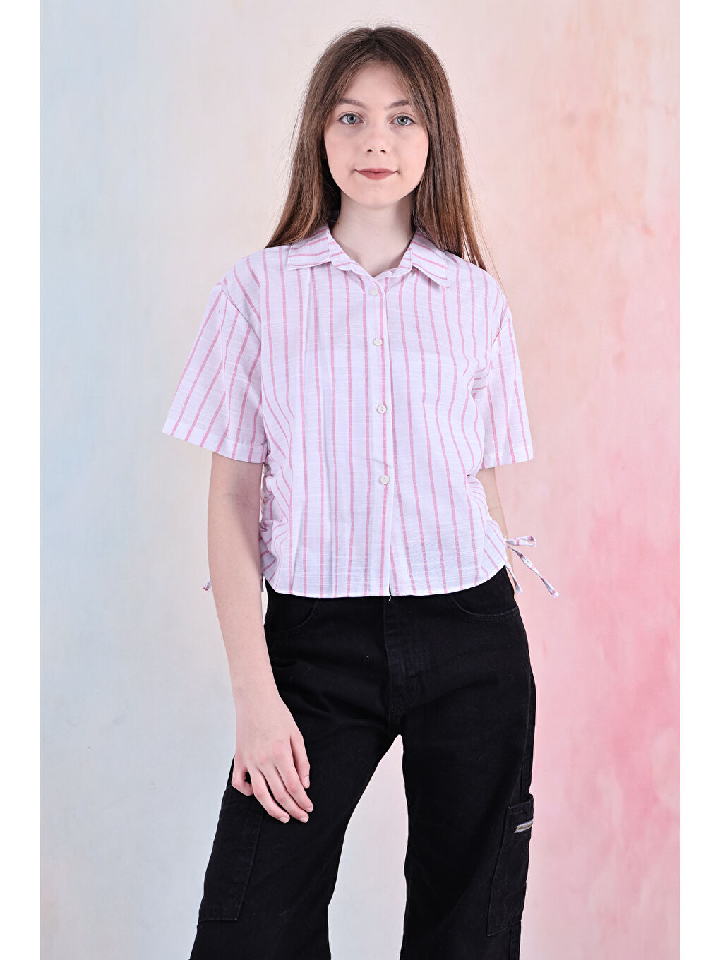 Pembe Kız Çocuk Büzgü Detaylı-Çizgi Desenli Crop Gömlek 6-14 Yaş 12251-2