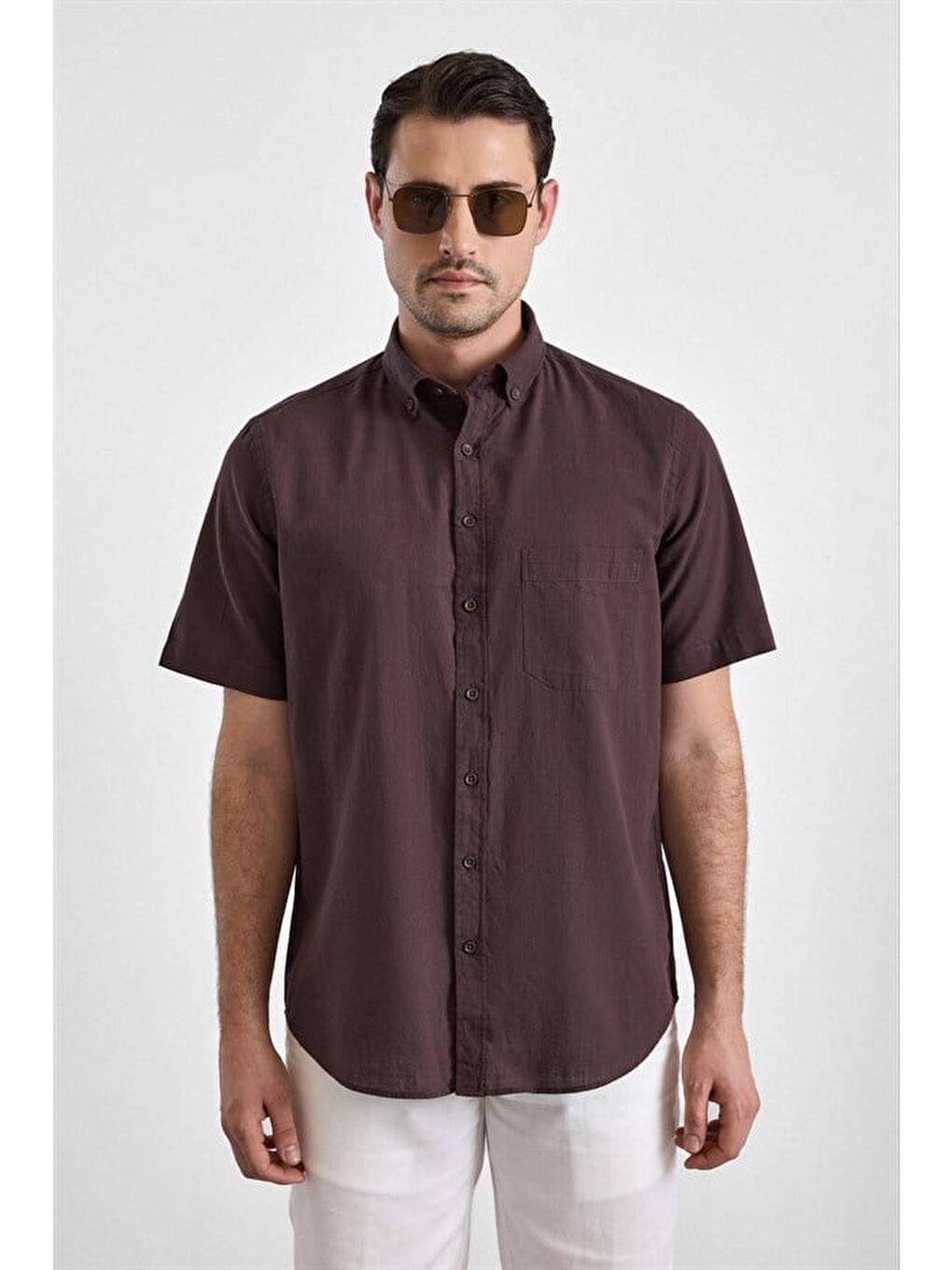 Kahverengi Koyu Kahve Regular Düğmeli Yaka Düz Casual Gömlek-2