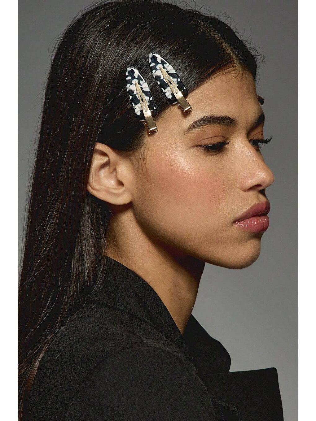 Siyah 2'li İz Yapmayan Klips Toka Seti Kaplumbağa Sırtı Desenli