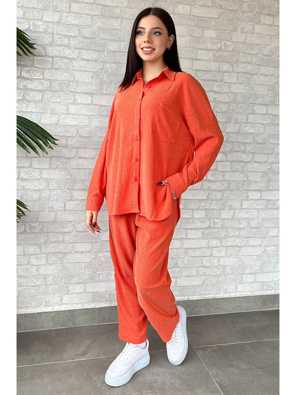 Turuncu Kadın Gömlek Pantolon Bürümcük İkili Takım-1
