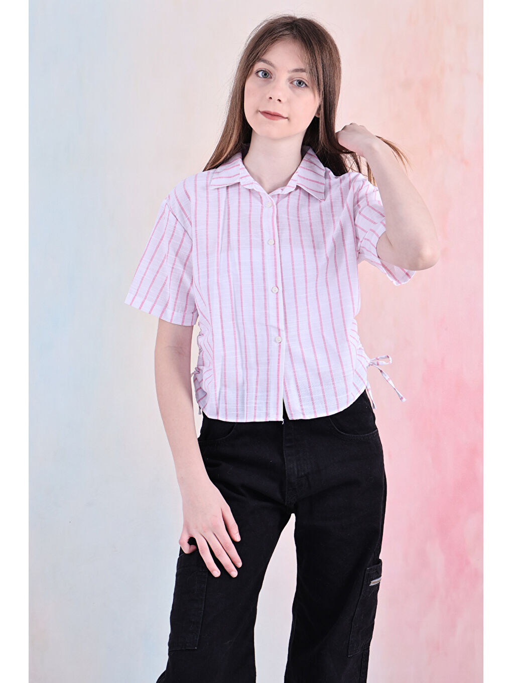 Pembe Kız Çocuk Büzgü Detaylı-Çizgi Desenli Crop Gömlek 6-14 Yaş 12251-3
