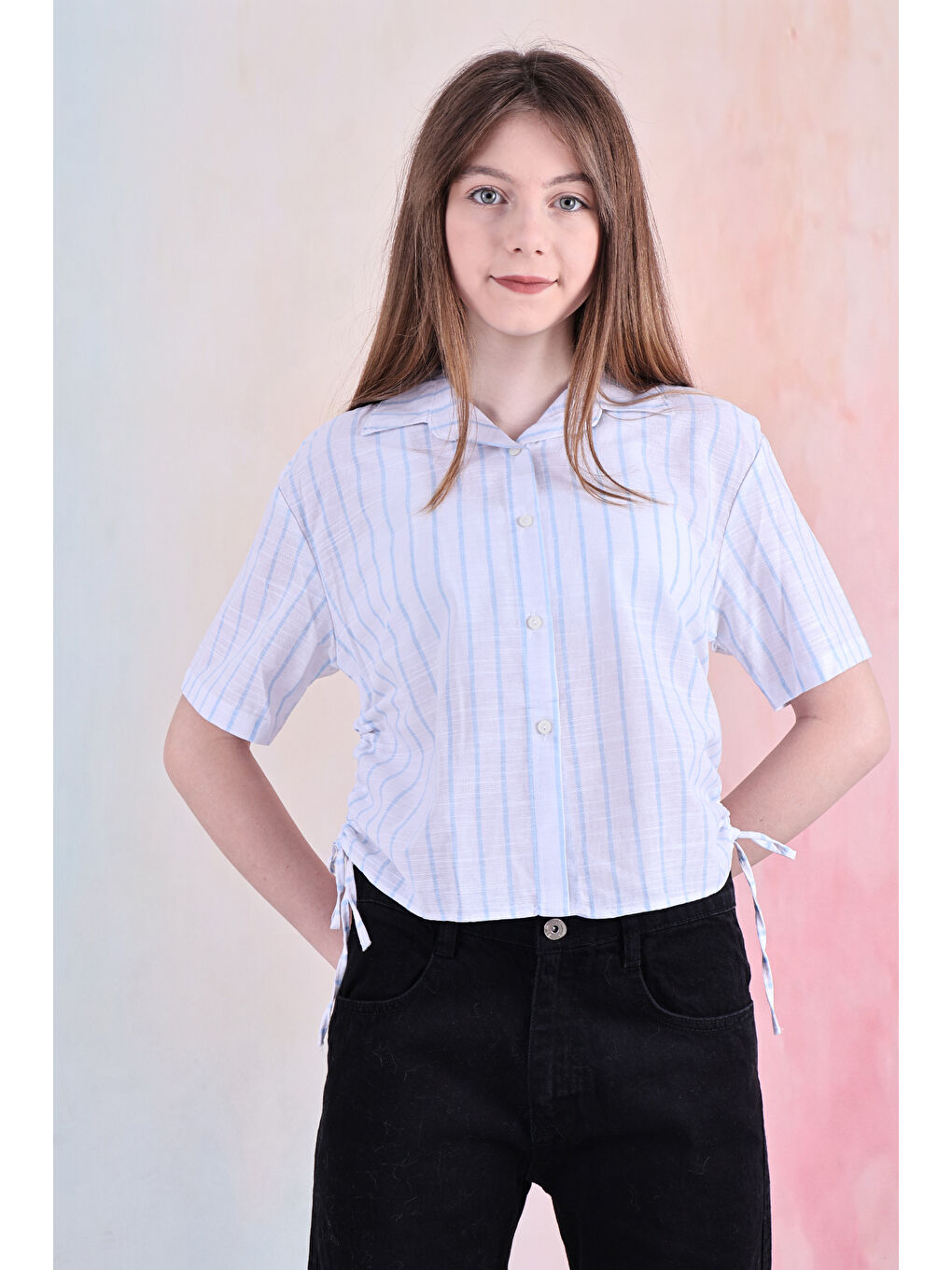 Mavi Kız Çocuk Büzgü Detaylı-Çizgi Desenli Crop Gömlek 6-14 Yaş 12251