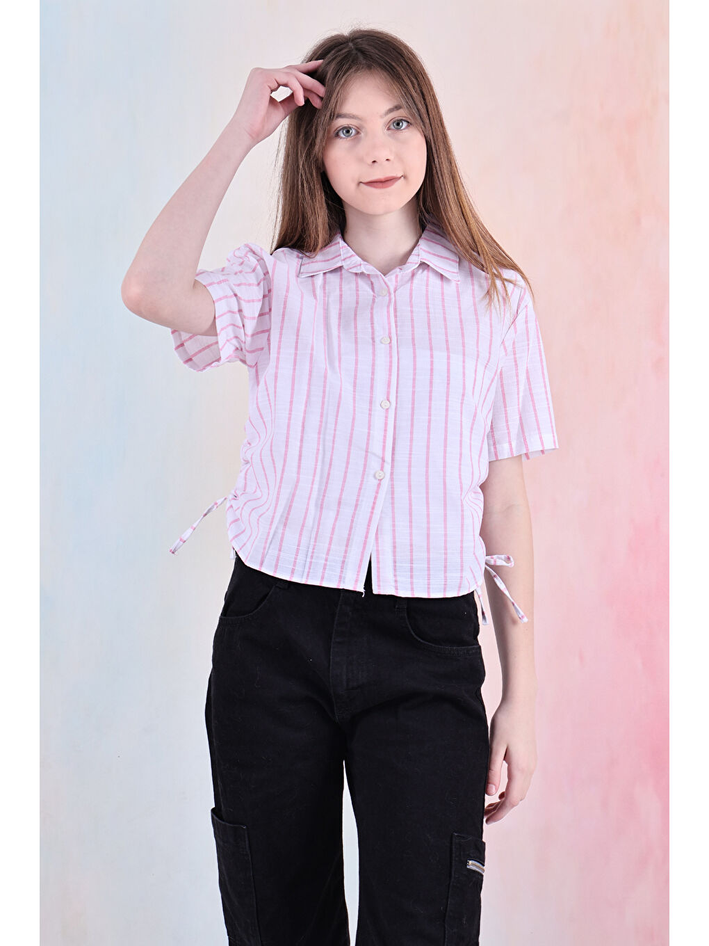 Pembe Kız Çocuk Büzgü Detaylı-Çizgi Desenli Crop Gömlek 6-14 Yaş 12251-4
