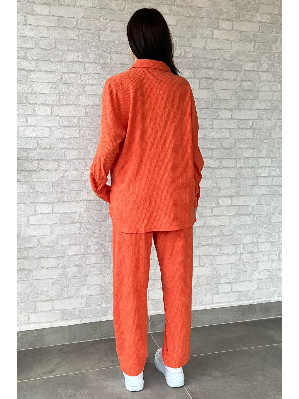 Turuncu Kadın Gömlek Pantolon Bürümcük İkili Takım-3