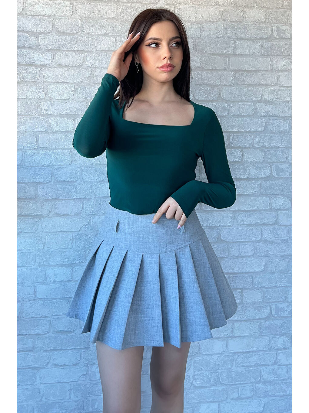 Yeşil Kare Yaka Kadın Bluz-1