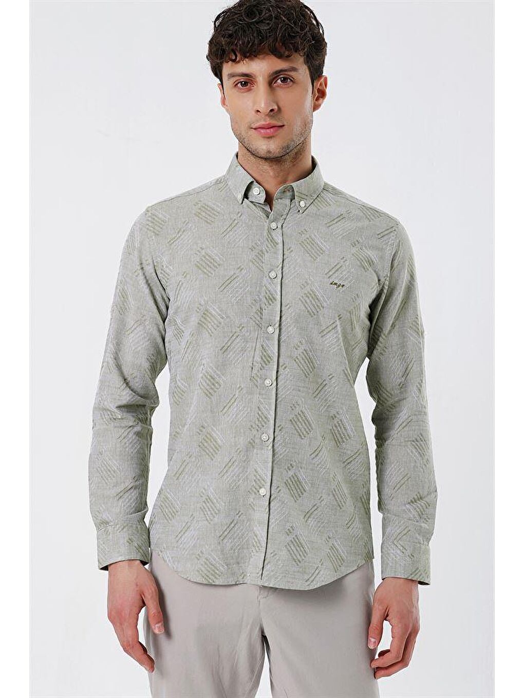 Koyu Haki Kısalabilir Kollu Desenli  %100 Pamuk Casual Slim Fit Gömlek 1004230182