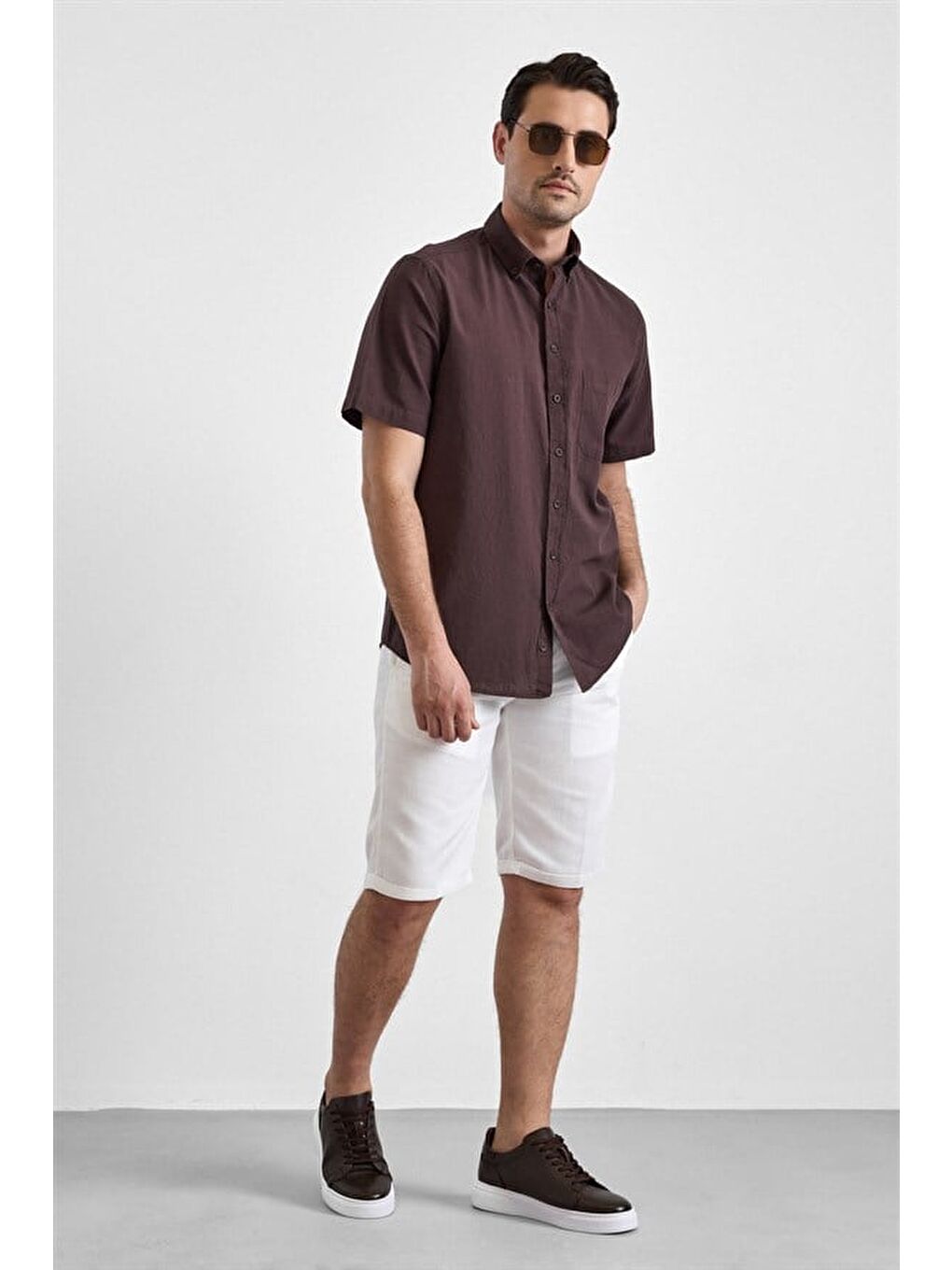 Kahverengi Koyu Kahve Regular Düğmeli Yaka Düz Casual Gömlek-5