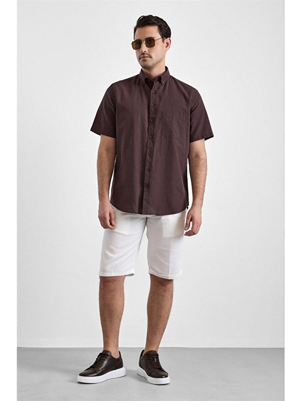 Kahverengi Koyu Kahve Regular Düğmeli Yaka Düz Casual Gömlek-6