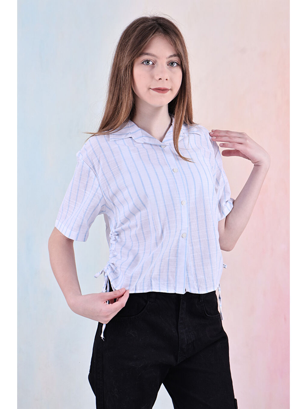 Mavi Kız Çocuk Büzgü Detaylı-Çizgi Desenli Crop Gömlek 6-14 Yaş 12251-2