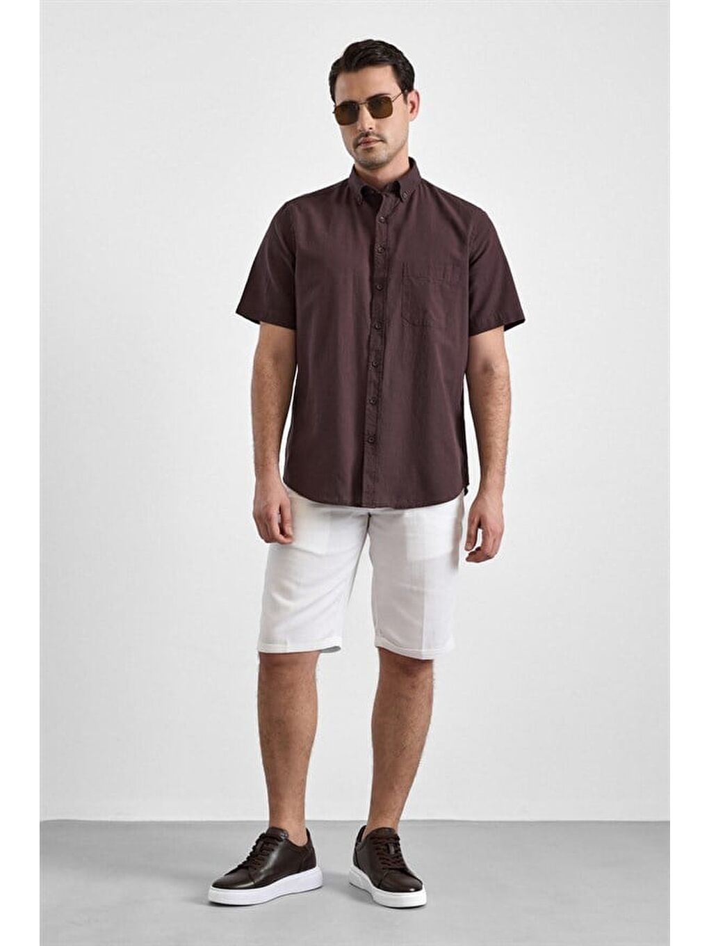 Kahverengi Koyu Kahve Regular Düğmeli Yaka Düz Casual Gömlek-7