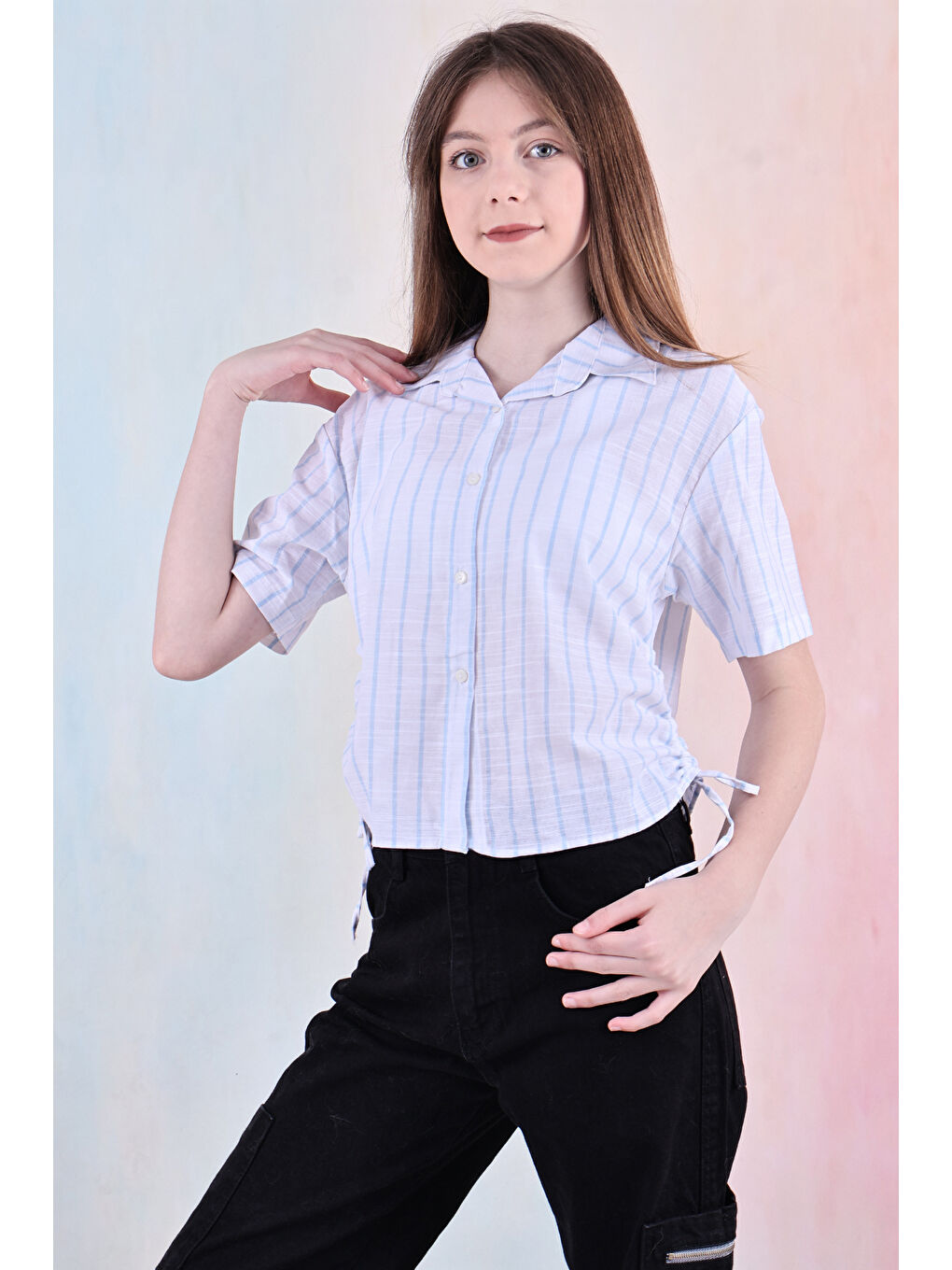 Mavi Kız Çocuk Büzgü Detaylı-Çizgi Desenli Crop Gömlek 6-14 Yaş 12251-3