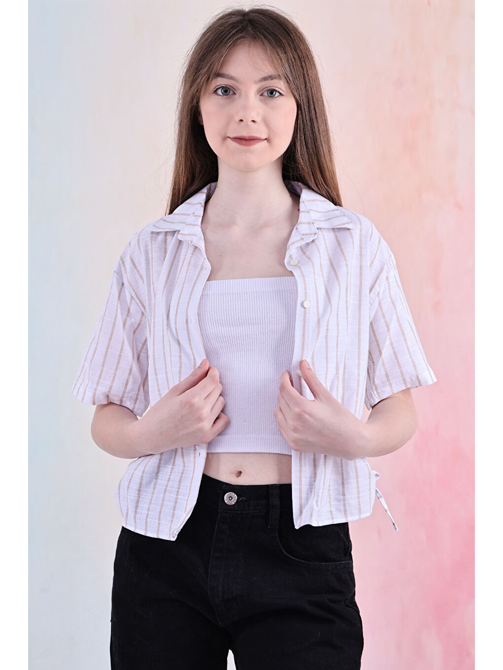 Kahverengi Kız Çocuk Büzgü Detaylı-Çizgi Desenli Crop Gömlek 6-14 Yaş 12251-1