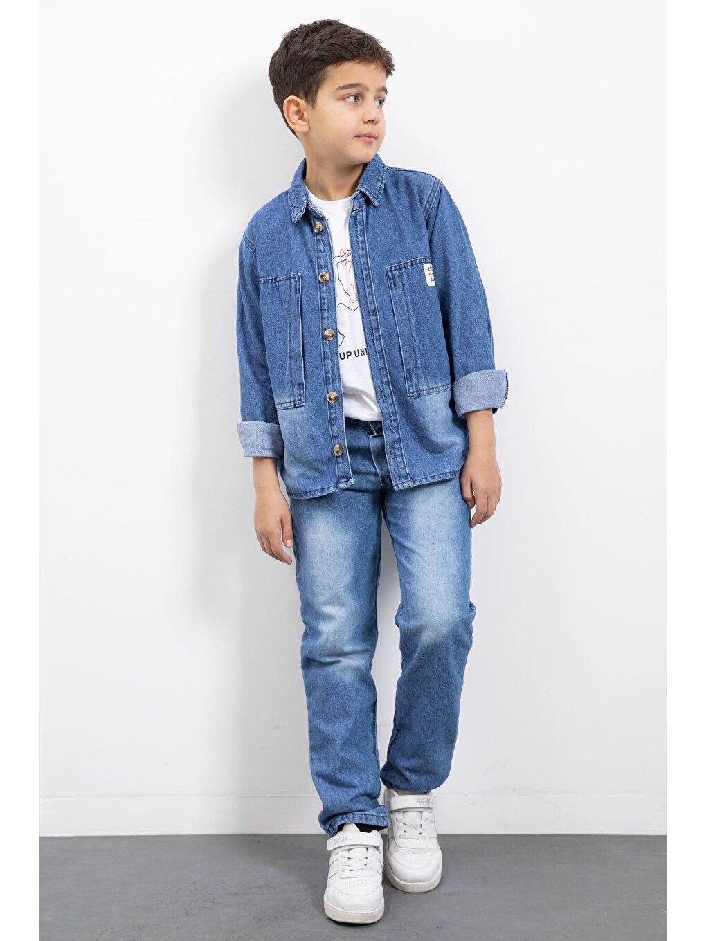 Mavi Armalı Jean Gömlekli Erkek Çocuk Pantolonlu 3lü Jean Takım 23469-3