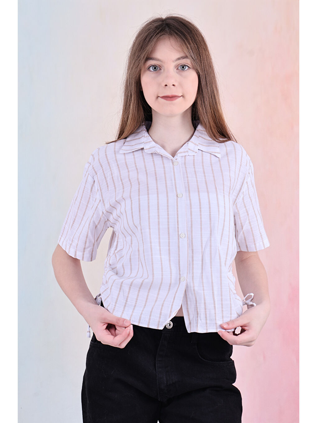 Kahverengi Kız Çocuk Büzgü Detaylı-Çizgi Desenli Crop Gömlek 6-14 Yaş 12251-2