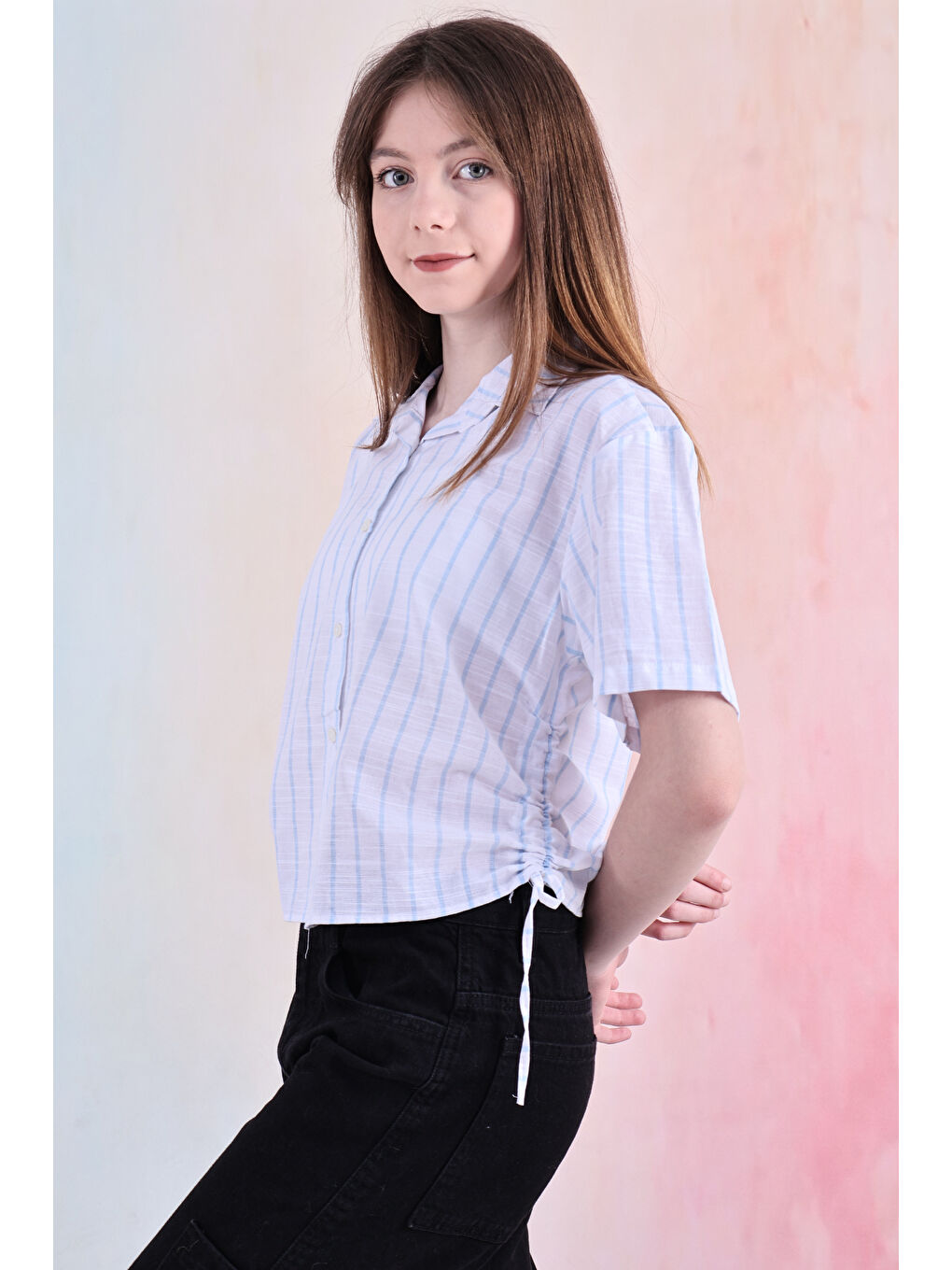 Mavi Kız Çocuk Büzgü Detaylı-Çizgi Desenli Crop Gömlek 6-14 Yaş 12251-4